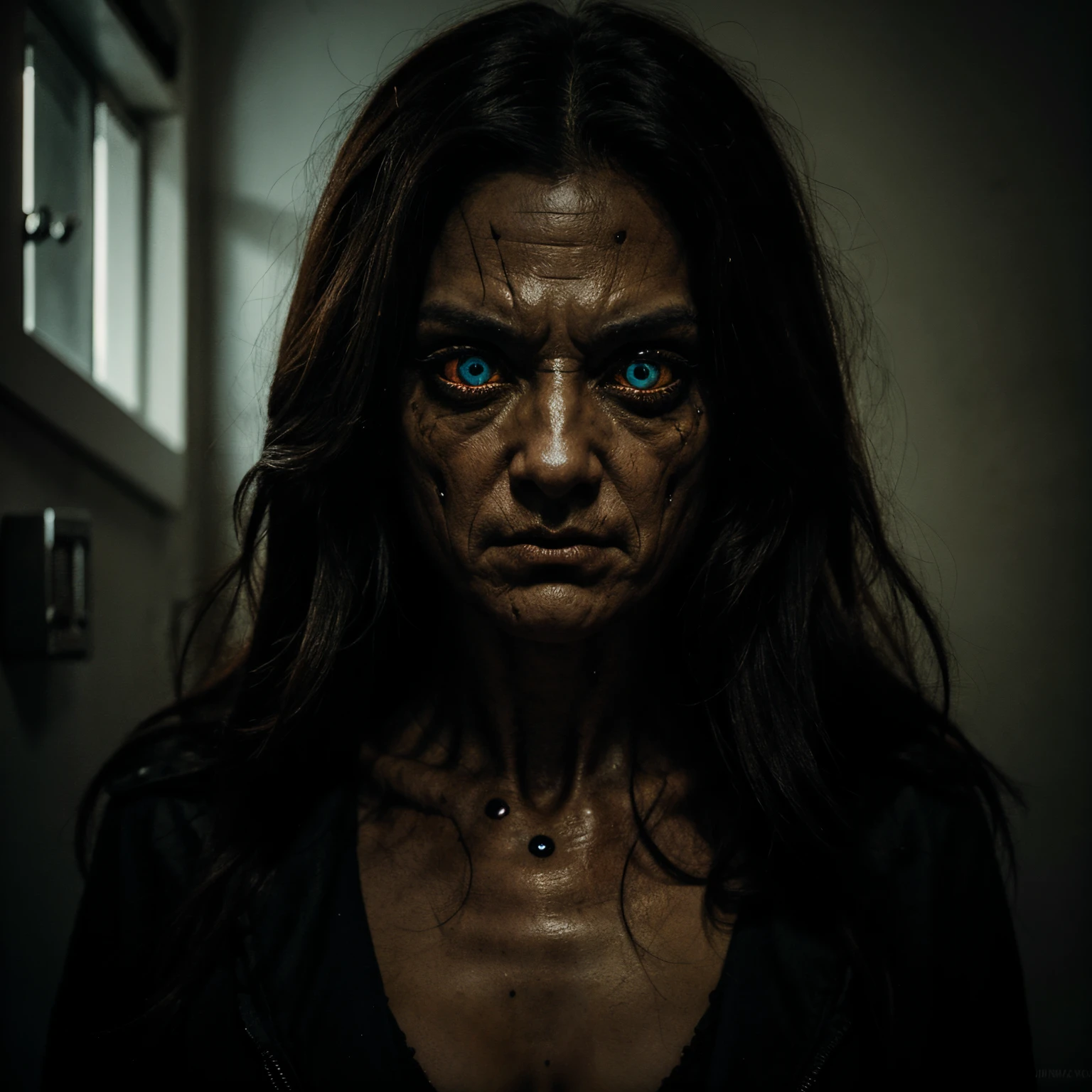 scary humanoid analog horror monster with realistic eyes staring into your soul
