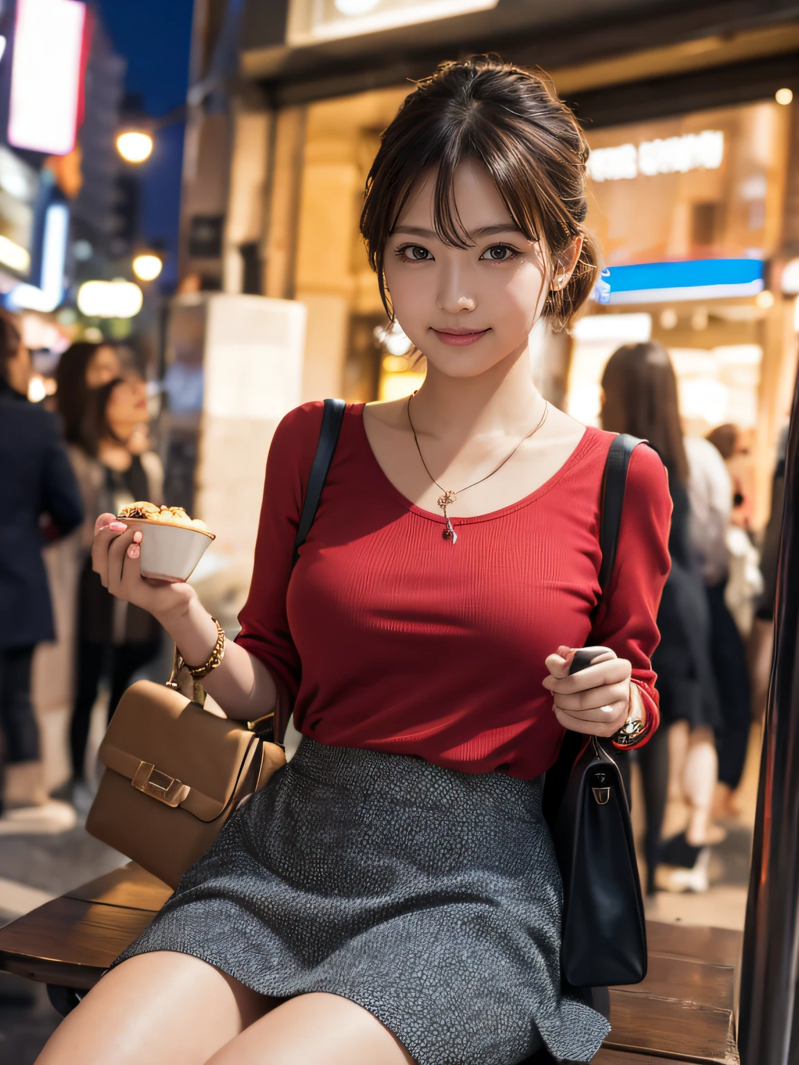 high-definition images, atmospheric perspective, 8k, super detail, accurate, best quality, ((angle from below)), a woman, drooping eyes, blush, in the city, busy, clothes that emphasize body line, skirt, shoulder bag, necklace, takes a seat, open legs, (other customers), night scene, foods, hair up,