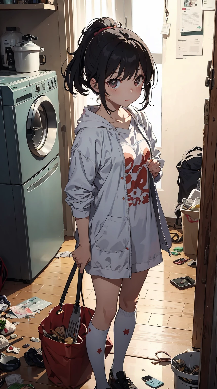 This illustration is、Cute little girl standing in a room full of garbage、It depicts a moment of rage over a situation。She、Holding the cleaning tool in your hand、Its eyes are burning with anger。Among them、Old magazines、leftover food、Filled with unused appliances。 however、The most notable is、She gives off「High Energy Body in Final Mystery」Is。This energy body is、Released from her body、Has the power to erase garbage in a room in an instant。ha、emit a pale light、Its light is in the corner of the room々Delivered to。 This moment、Garbage burns out、The room becomes clean in an instant。 Eta、At its heart is、Anger subsides、Girl with satisfied expression standing。