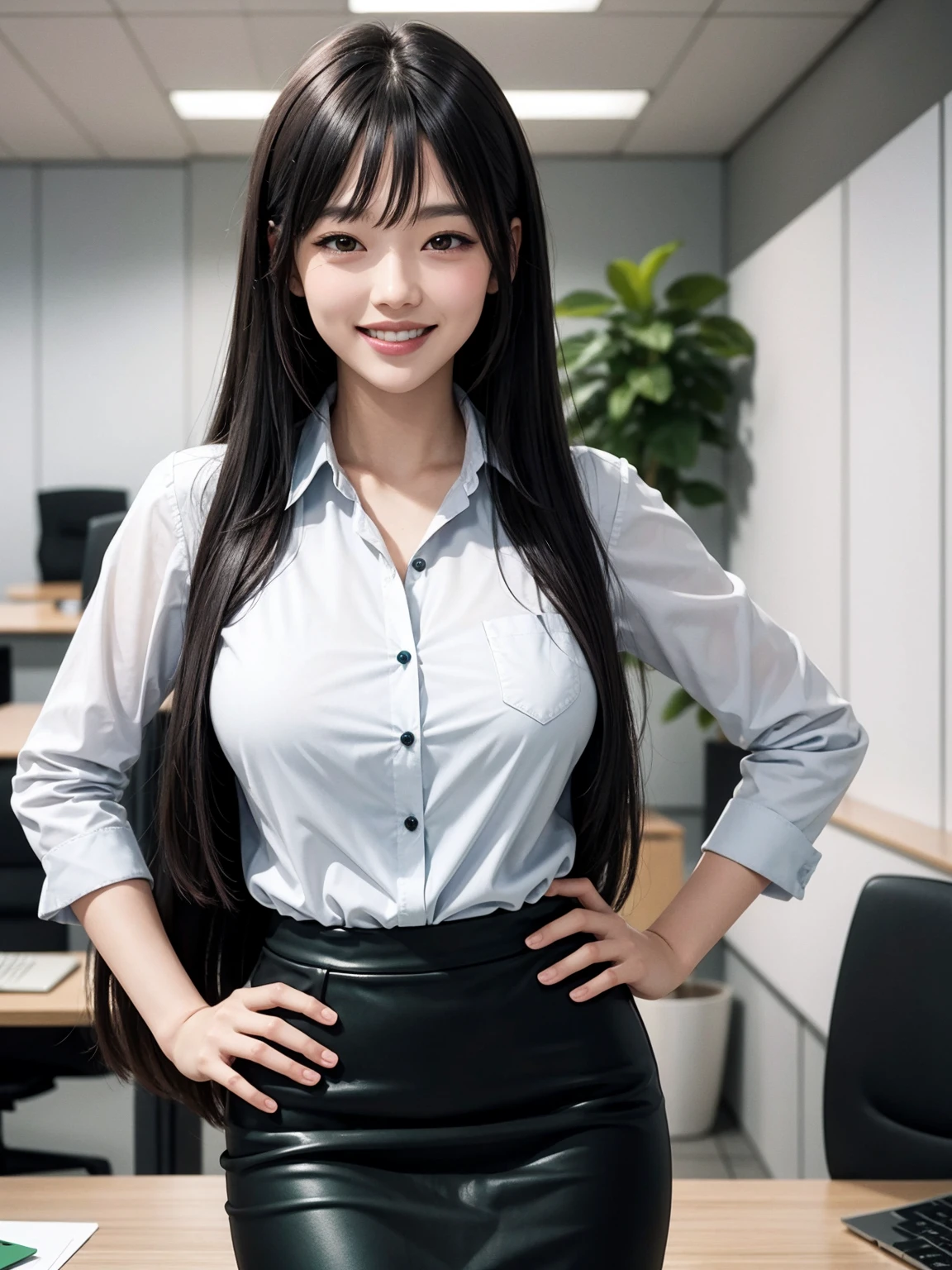 (modern office indoors), 1lady solo, (black medium hair), bangs, (office casual pencil skirt green), (white shirt), (id card), blush kind smile, (masterpiece best quality:1.2), delicate illustrations, high resolution, ultra-detailed, large breasts