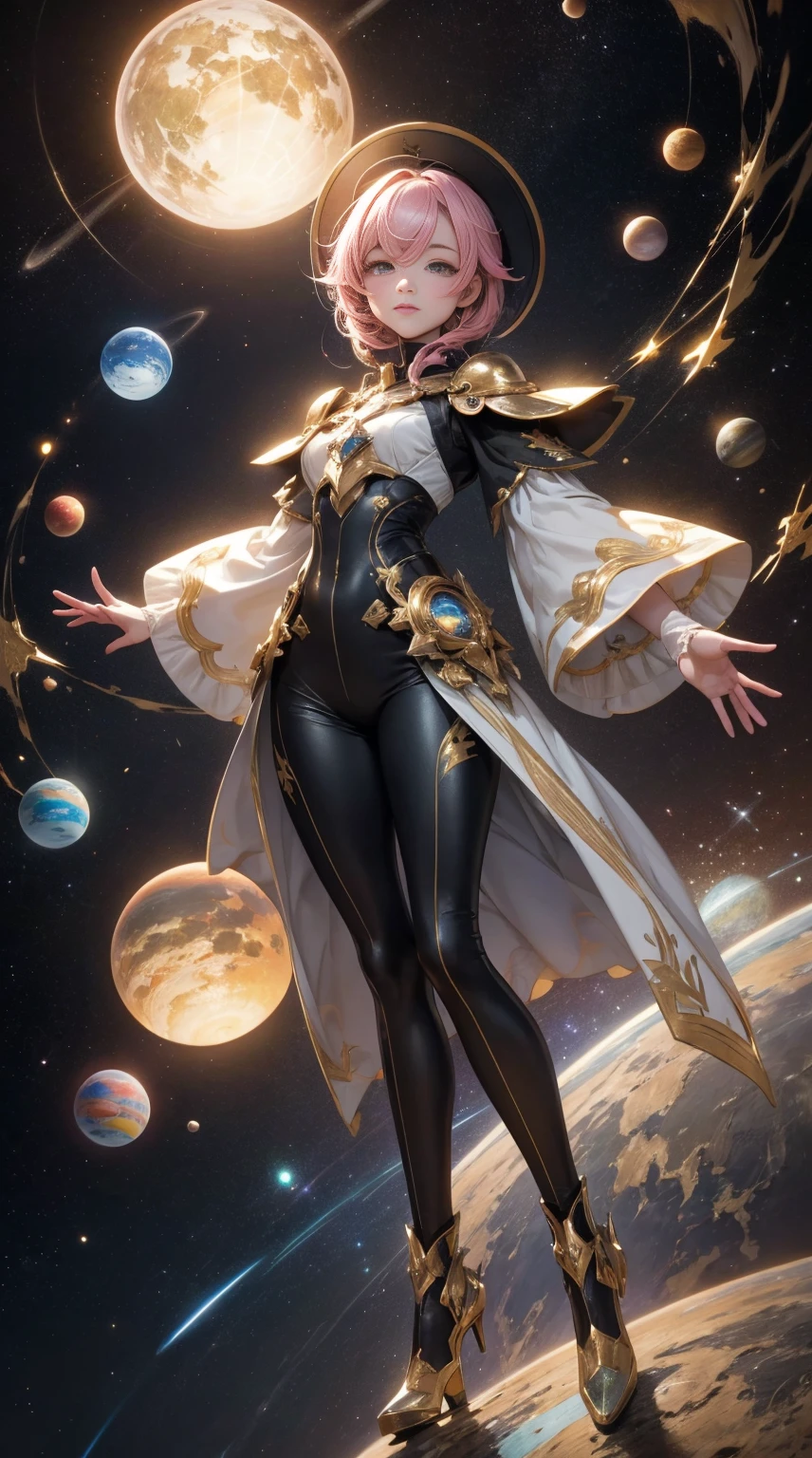 Masterpiece designs by the world's top AI artists, top-quality, 8K, High image quality, 、From diagonally above、Stick one hand up、(Paint splashes),Colorful ,Glow Color,lamplight,The Girl,(full body Esbian),Look at the camera、Glass-like outfits,Sleeves glow,large round eyes,cute little,Light in the eyes、embrace the earth with both hands、the universe expands infinitely,I don'I don'I don'I don'I don't even have time to breathe、A treasure trove of possibilities、Interdimensional space、detail precision cyber city、glitter spark、The background is planets and stars