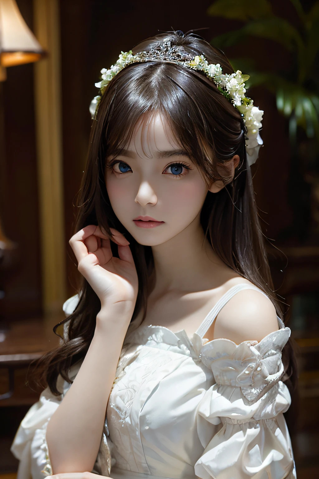 lovely delicate face, high-quality 4k portrait, high quality portrait, soft flawless pale skin, 8K highly detailed face, Beautiful delicate face, beautiful light big eyes, beautiful and realistic faces, beautiful young woman with, beautiful and realistic faces, cute young woman,Princess、Petite girl、off shoulder tops dress、Official art、Unity 8k Wallpapers、ultra-detailliert、Beautiful fece、Beautiful fece、masterpiece、top-quality、 optic, Atmosphere, mystery, romanticism, Deities々Shisu, literary, art by, lo fashion, Victorian, ornamented, Complexity, Ironwork, Ren Hao, pondering, emotional depth, Supernatural, 1 rapariga, 独奏, coll, tiny chest