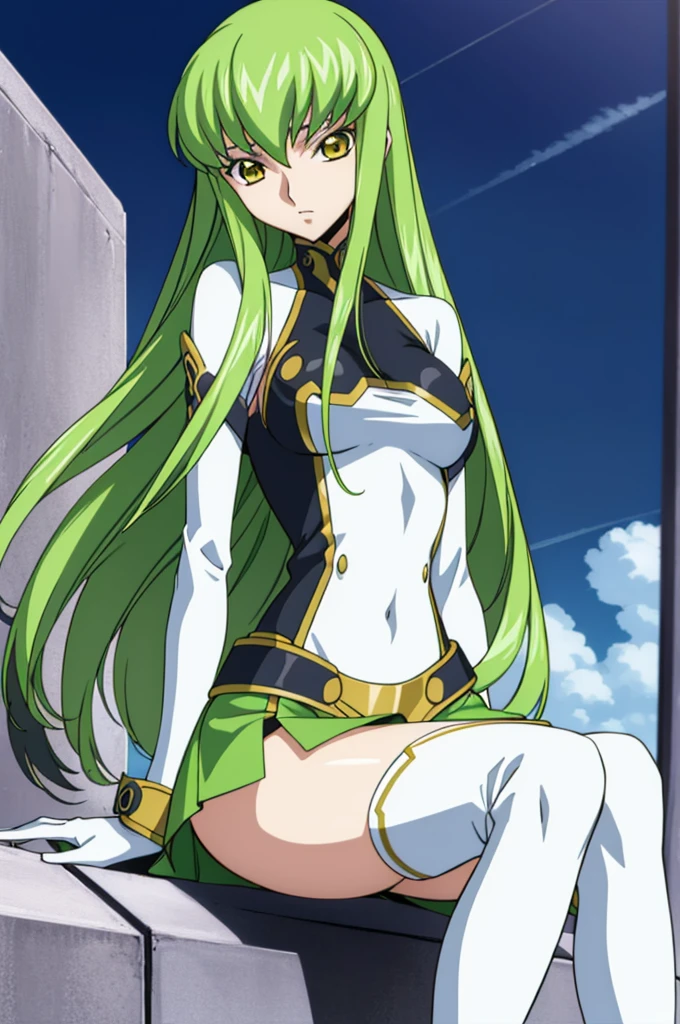 code geass boobs C.C., 1girl in, Green hair, Mini skirt, Long hair, medium breasts, Upper body, Looking at Viewer, Solo, Thigh, white thighhig, Yellow eyes, Sitting, Good anatomy, Good Artist, masutepiece