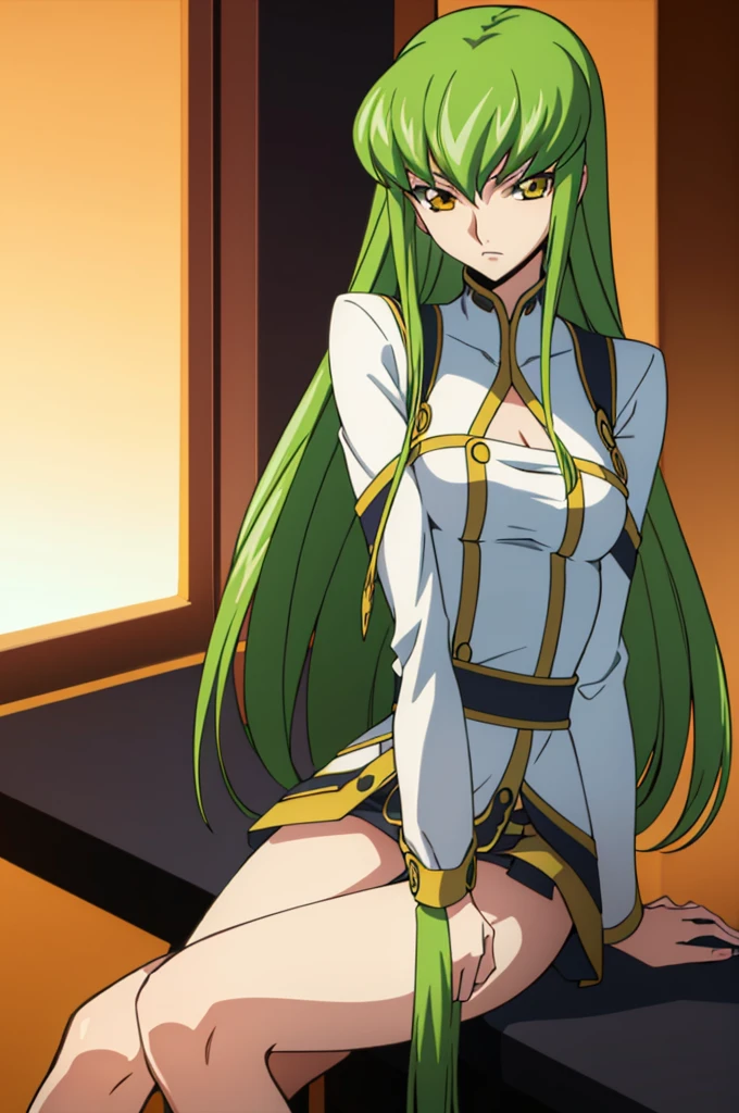 code geass boobs C.C., 1girl in, Green hair, Mini skirt, Long hair, medium breasts, Upper body, Looking at Viewer, Solo, Thigh, white thighhig, Yellow eyes, Sitting, Good anatomy, Good Artist, masutepiece