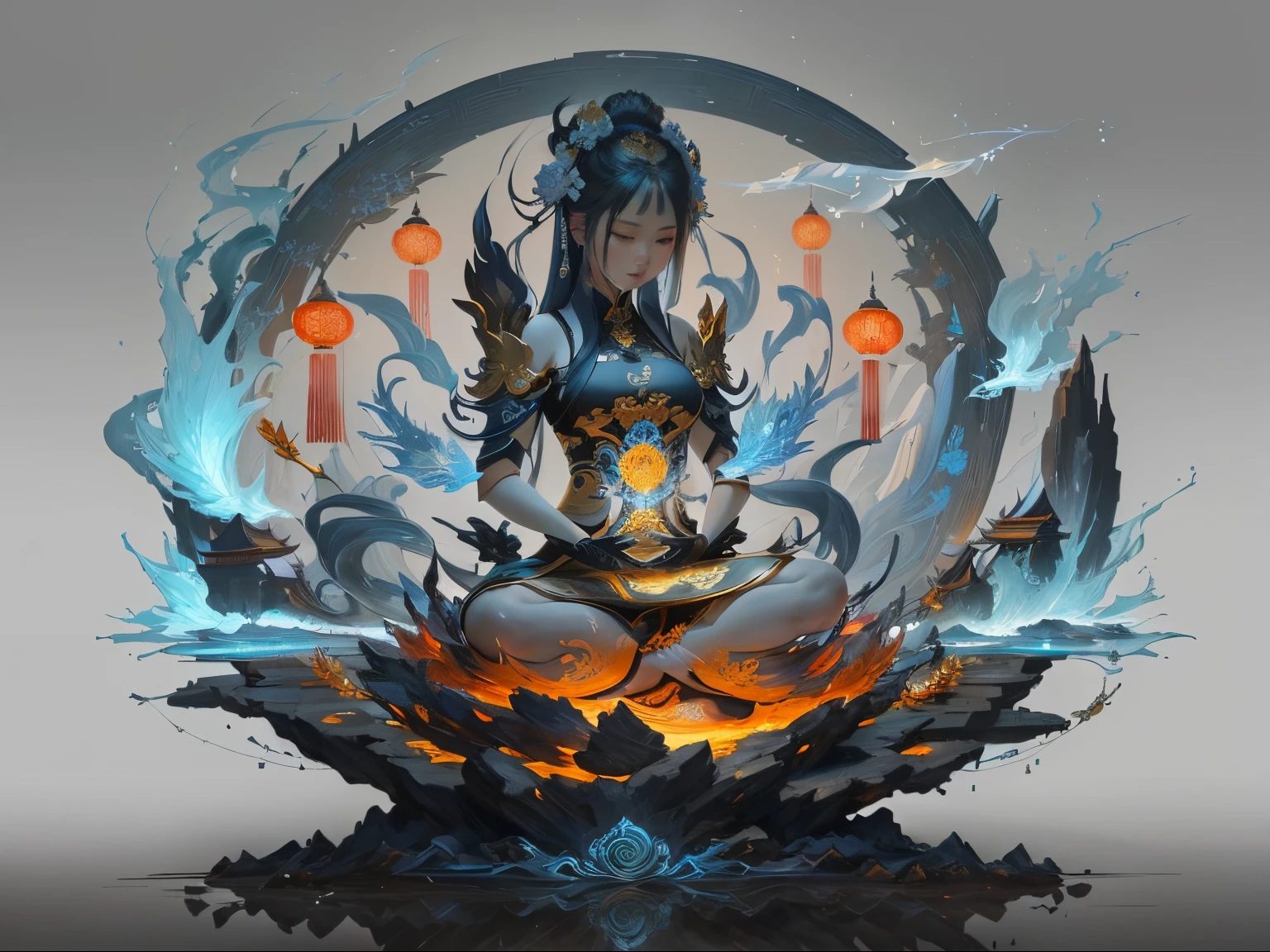 There is a woman sitting on a lotus in the painting、holding fire, guanyin of the southern seas, Asian Woman Water Elemental, deviantart art station cgscosiety, Avalokitesvara, onmyoji detailed art, Elemental guardian of life, deviantart art station, japanese lightning goddess, an ancient Chinese goddess, Zen meditation, concept art illustration