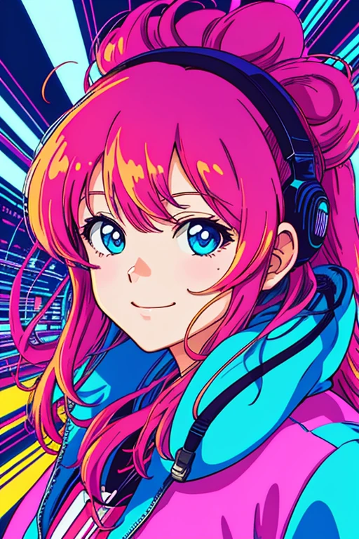 masterpiece, best quality, 1girl, city pop, akira, kyoto animation, kyoani, night, neon lights, looking at viewer, slight smile, excited face, vector illustration, 80s clothing, long hair, 80s, synthwave, abstract background, graphic, manga, 80s anime, retro poster