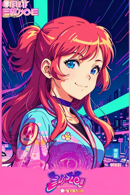 masterpiece, best quality, 1girl, city pop, akira, kyoto animation, kyoani, night, neon lights, looking at viewer, slight smile, excited face, vector illustration, 80s clothing, long hair, 80s, synthwave, abstract background, graphic, manga, 80s anime, retro poster