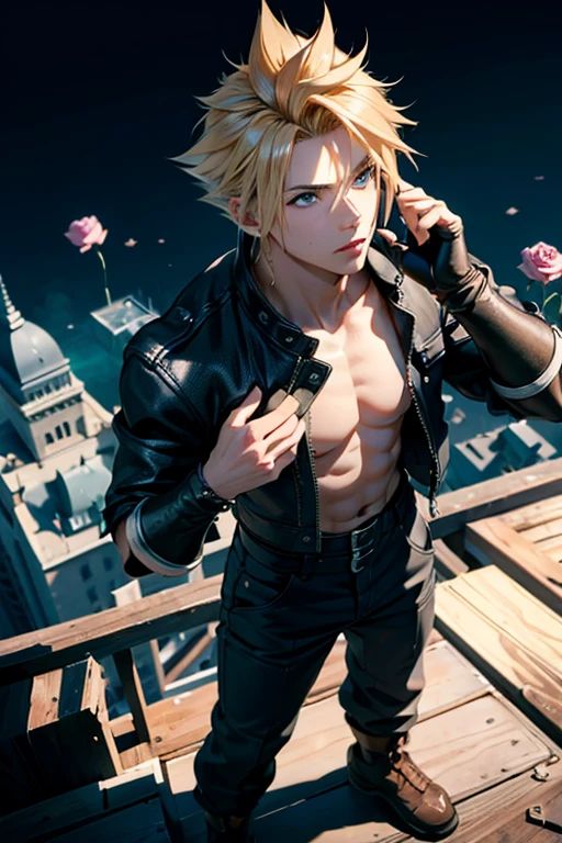 (best quality), (masterpiece), (realistic,) (photo-realistic), ultra-detailed,(from above:1.3),
1boy,male focus,(looking up:1.4),cloud Strife, cool pose, cool background, stylish outfith, rose on the chest