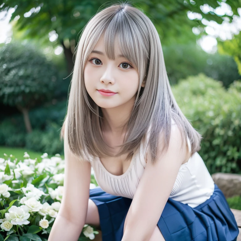 (Best Quality,4K,8K,hight resolution,masutepiece:1.2),Ultra-detailed,extremely detailed eye and face,Beautiful detailed eyes,Beautiful detailed lips,long eyelashes,((Realistic)),Photorealistic:1.37,Young Japan,fine-grained white skin,Dark blue mini pleated skirt,White tank top,beautiful and magnificent composition,Marshmallow-like skin,masutepiece,Attractive,Posing for a photo,Cute,Dark blue knee socks,(Silver hair color),silky smooth and straight hair,with round face,Attractive thighs,sunny outdoors