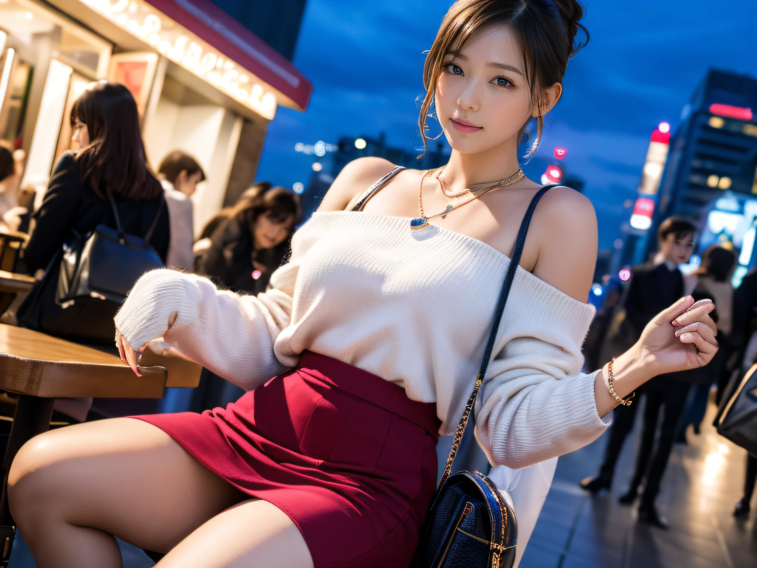 high-definition images, atmospheric perspective, 8k, super detail, accurate, best quality, ((angle from below)), a woman, drooping eyes, blush, in the city, busy, clothes that emphasize body line, skirt, shoulder bag, necklace, takes a seat, open legs, (other customers), night scene, foods, hair up,