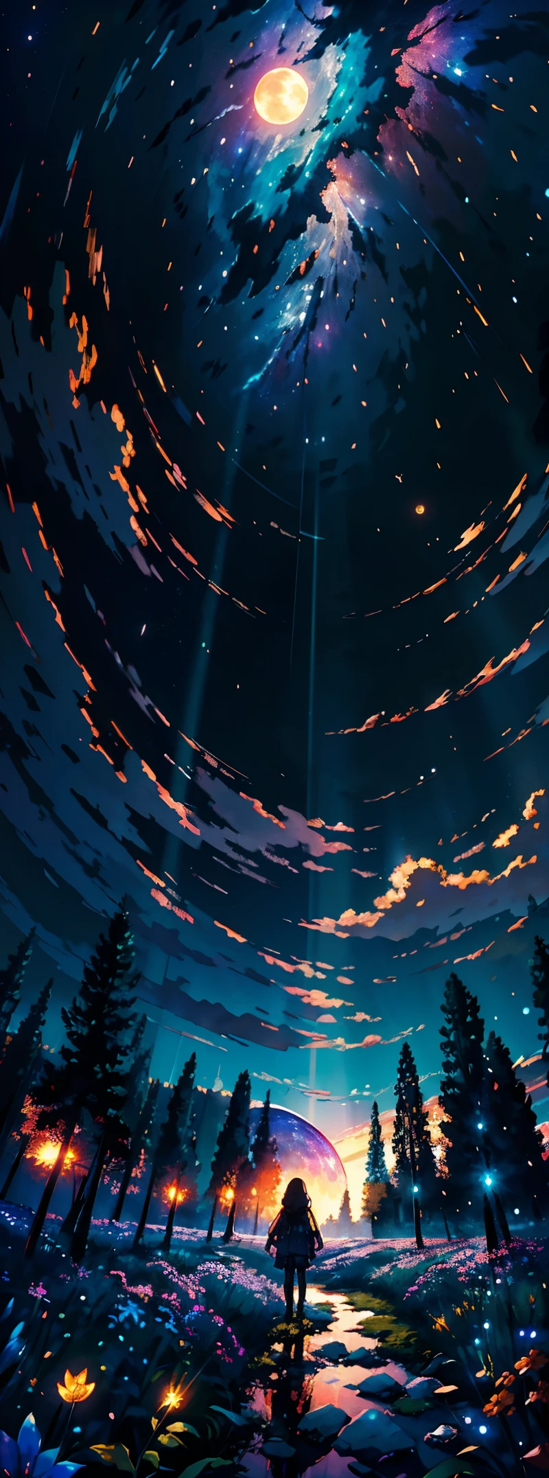 Expansive landscape photograph, (view from below with a view of the sky and the wilderness below), girl standing in a flower field looking up, (full moon: 1.2), (shooting star: 0.9), (nebula: 1.3), distant mountain, tree break production art, (warm light source: 1.2), (firefly: 1.2), lamp, purple and orange, intricate detail, volume lighting BREAK (masterpiece: 1.2), (highest quality ), 4k, ultra-detailed, (dynamic configuration: 1.4), highly detailed and colorful details (iridescent: 1.2), (sparkling lighting, atmospheric lighting), dreamy, magical, (solo: 1.2)