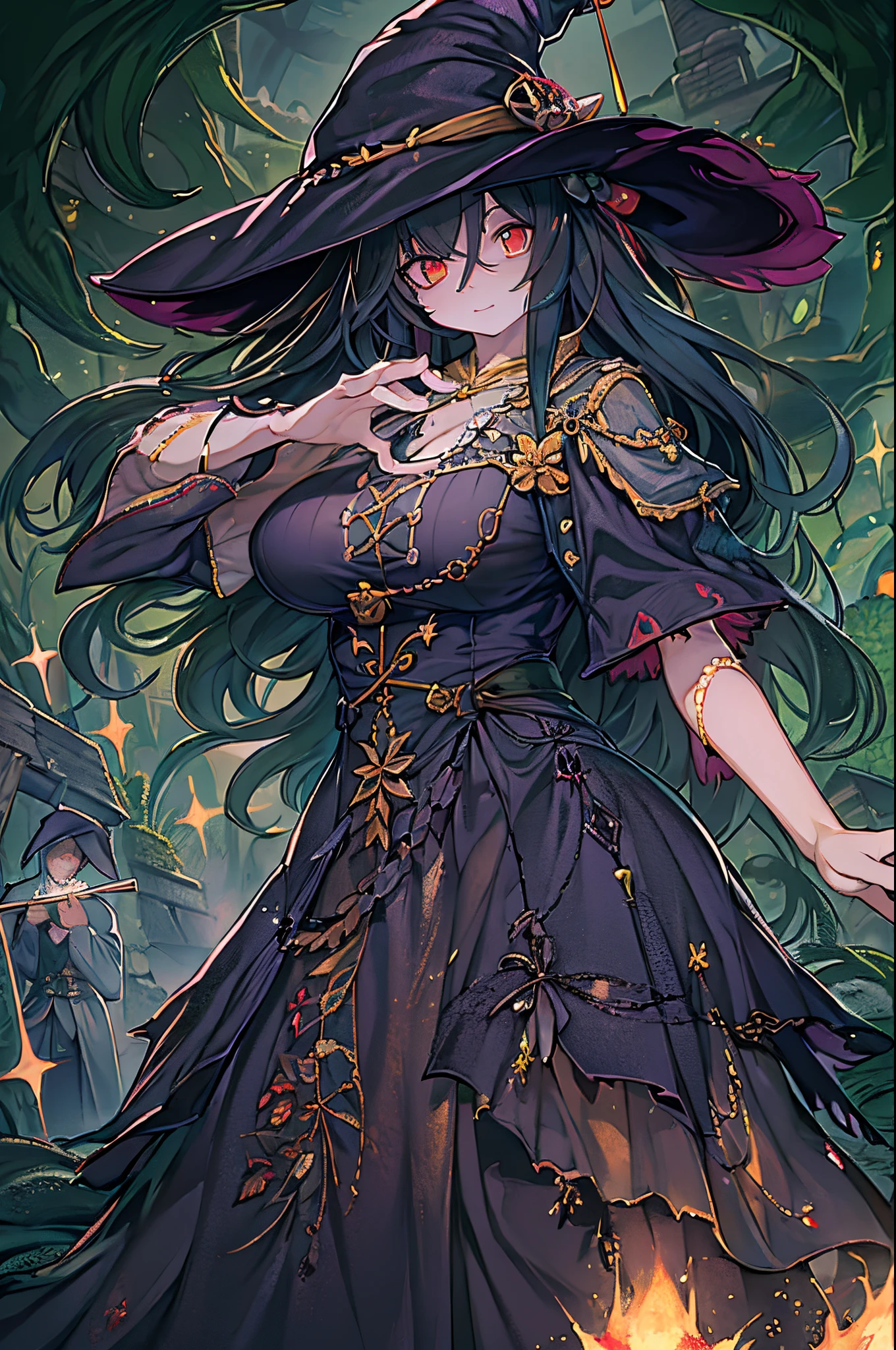 Villain, 200-year-old witch, Long Black Hair, The magic of her hands shining