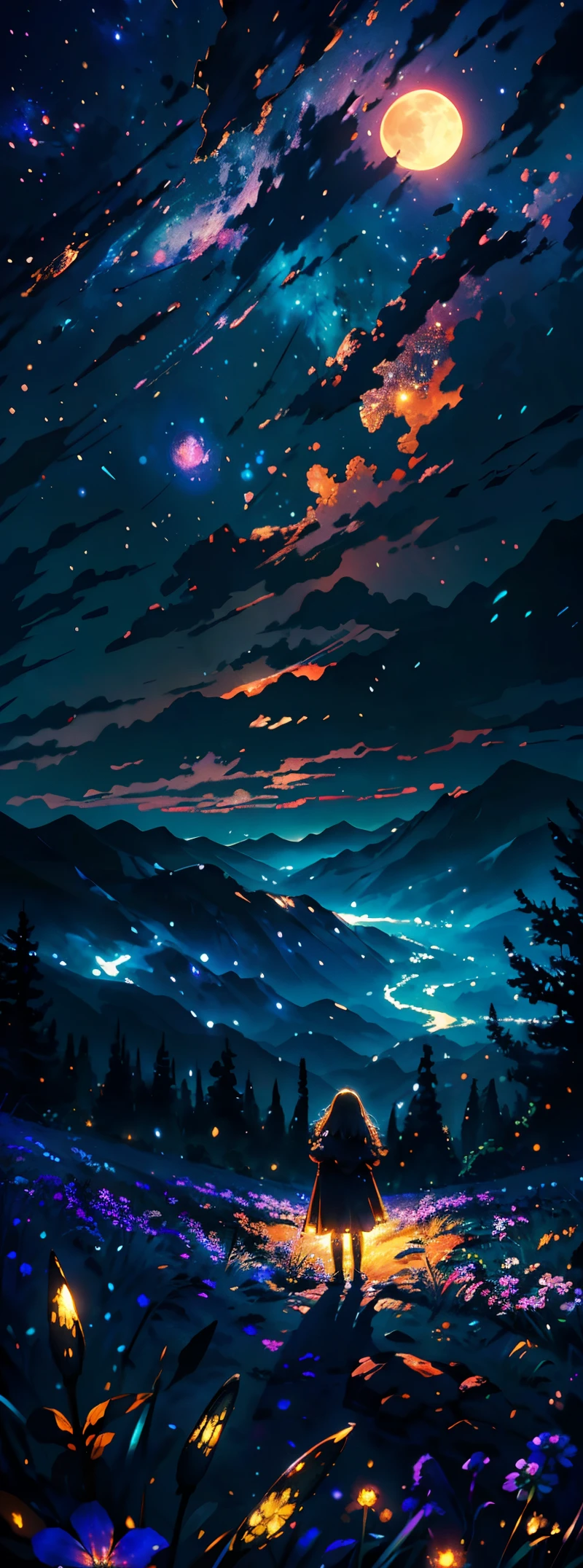 Expansive landscape photograph, (view from below with a view of the sky and the wilderness below), little girl standing in a flower field looking up, (full moon: 1.2), (shooting star: 0.9), (nebula: 1.3), distant mountain, tree break production art, (warm light source: 1.2), (firefly: 1.2), lamp, purple and orange, intricate detail, volume lighting BREAK (masterpiece: 1.2), (highest quality ), 4k, ultra-detailed, (dynamic configuration: 1.4), highly detailed and colorful details (iridescent: 1.2), (sparkling lighting, atmospheric lighting), dreamy, magical, (solo: 1.2)