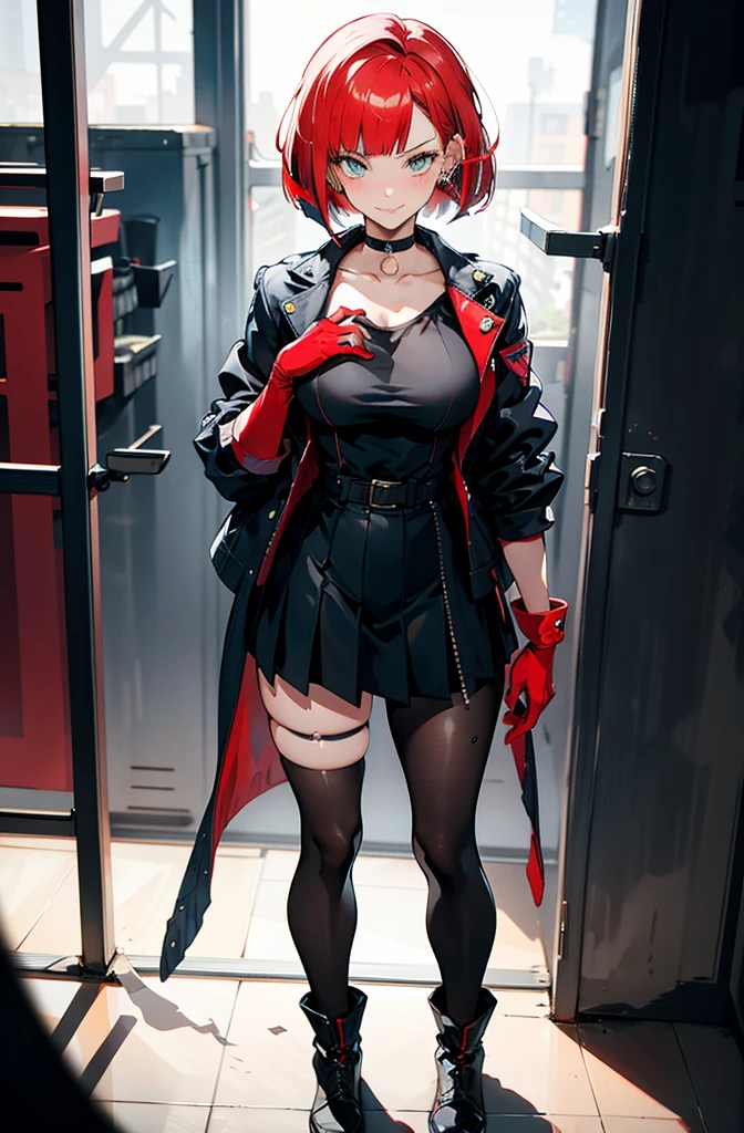 in the style of persona 5, smal breast, delinquent, (sukeban), mature_female, blush, mature, older woman, 25 years old, Sukeban teacher outfit, (1girl, solo female, solo, solo focus)++++, choker, sukeban school teacher, sukeban school fighter, long_sleeves, open jacket, blue jacket, jean, light skin tone female, full body, jacket, biker jacket, tape, arm_support, gloves, red_gloves, bridal gauntlets, nail polish, boots, hioots, black_footwear, fighter outfit, full body, hourglass, mature face, cheeky smile, cheeky face, wrinkles, (red hair, short hair, bob cut, earrings, ear piercings), red eyeighting art, Martial arts, standing, fighting_stance, fight, fighting), extra colors, 2D, megapixel, perfectionism, accent lighting, full HD , (Masterpiece:1.2), (full-body-shot:1),(cowboy shot:1.2), (Highly detailed:1.2),(Detailed Face:1.2), Colorful, A detailed eye, (Detailed landscape:1.2), (natural lighting:1.2), ((sukeban school teacher)) by Vincent Di Fate: Aidyllery, Anamorphic Shot, rule of thirds, face by Artgerm and WLOP,