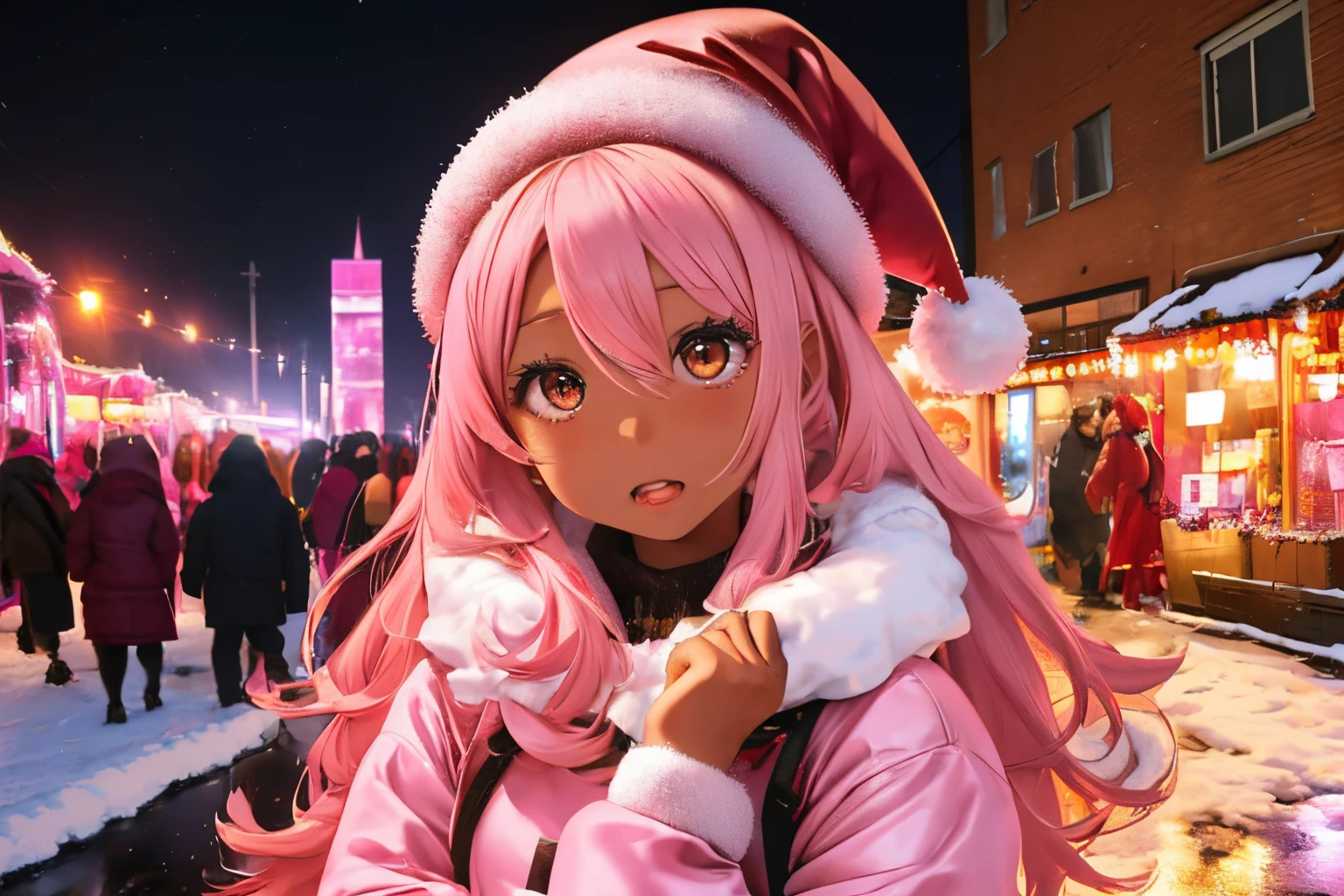 In a snowy city in winter,Voluminous and fluffy pink Santa costume,Christmas tree,Beautiful and fantastic night view,pink hair,black Eyes,There are many gifts and ornaments around, (((brown skin girl))), pink