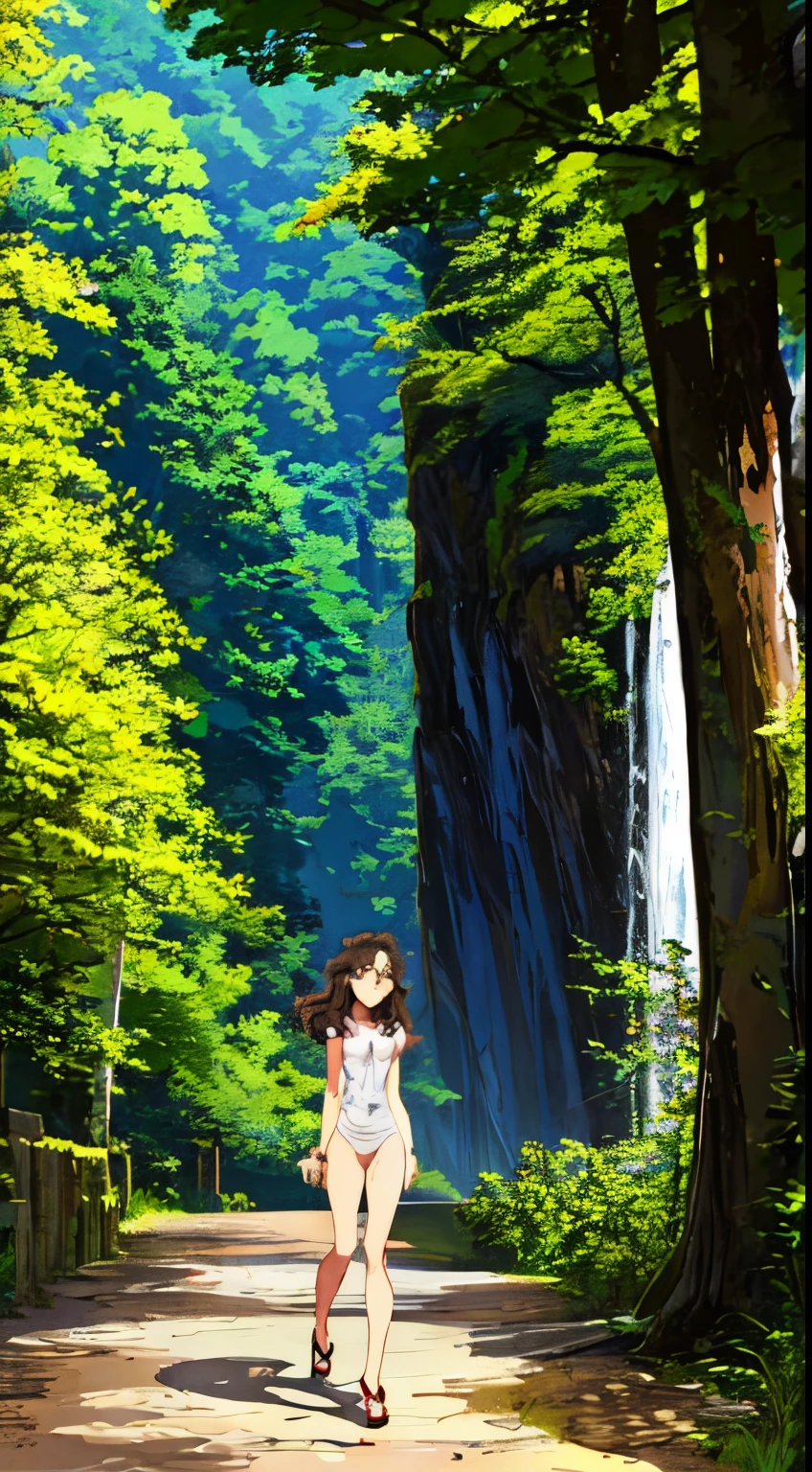 anime style, best possible quality, woman about 25 years old, naked, brunette, long dark brown hair curly in the wind, brown eyes, perfect body, perfect medium-sized naked breasts, slightly larger brown nipples, pubic area with hair, walking on a trail through the forest vegetation, near In the background we see a lake and waterfall, some rocks, sunny day