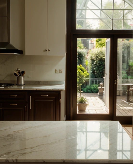 mansion conservatory, sharp, realistic, 4k, film grain, bokeh, modern kitchen