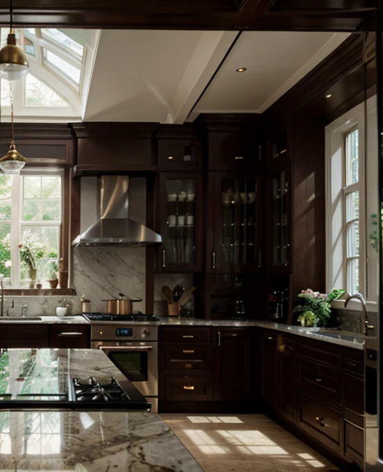 mansion conservatory, sharp, realistic, 4k, film grain, bokeh, modern kitchen