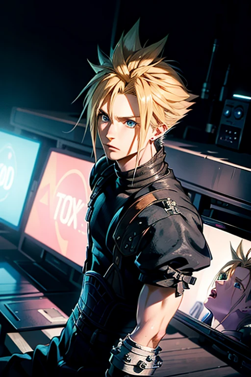 (best quality), (masterpiece), (realistic,) (photo-realistic), ultra-detailed,
1boy,male focus,(looking up:1.4),cloud Strife, cool pose, cool background, stylish outfith, rose on the chest