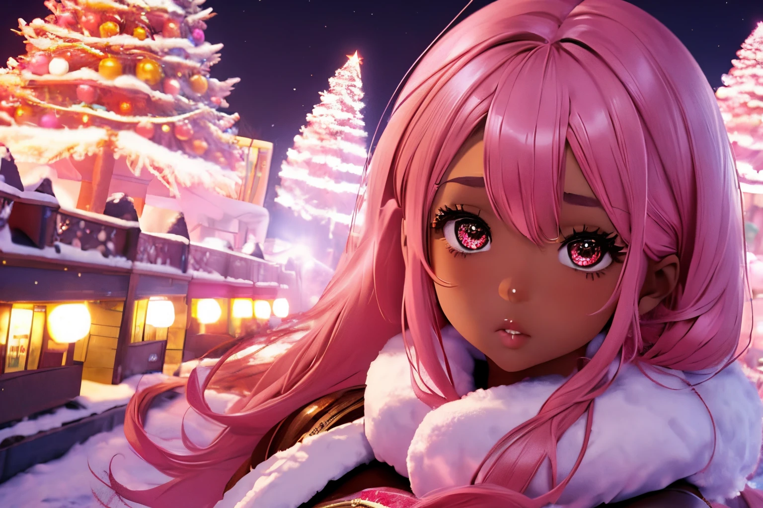 In a snowy city in winter,Voluminous and fluffy pink Santa costume,Christmas tree,Beautiful and fantastic night view,pink hair,black Eyes,There are many gifts and ornaments around, (((brown skin girl))), pink