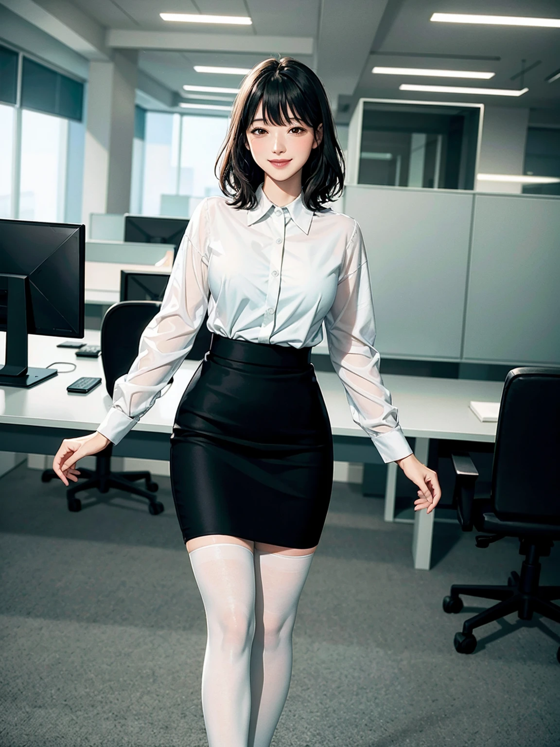 (modern office indoors), 1lady ((solo)), (black medium hair), bangs, (office casual pencil skirt green), (white shirt), (id card), blush kind smile, (masterpiece best quality:1.2), delicate illustrations, high resolution, ultra-detailed, large breasts, (black stockings)