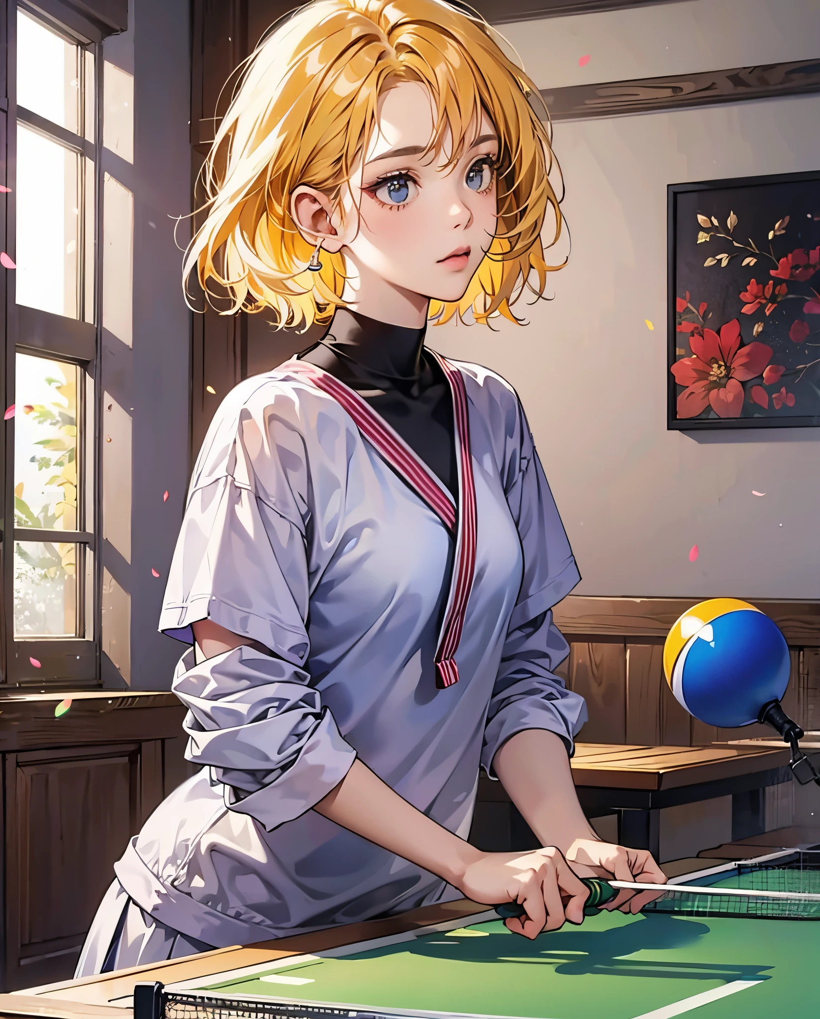 A gentle girl with yellow hair playing table tennis. --auto --s2