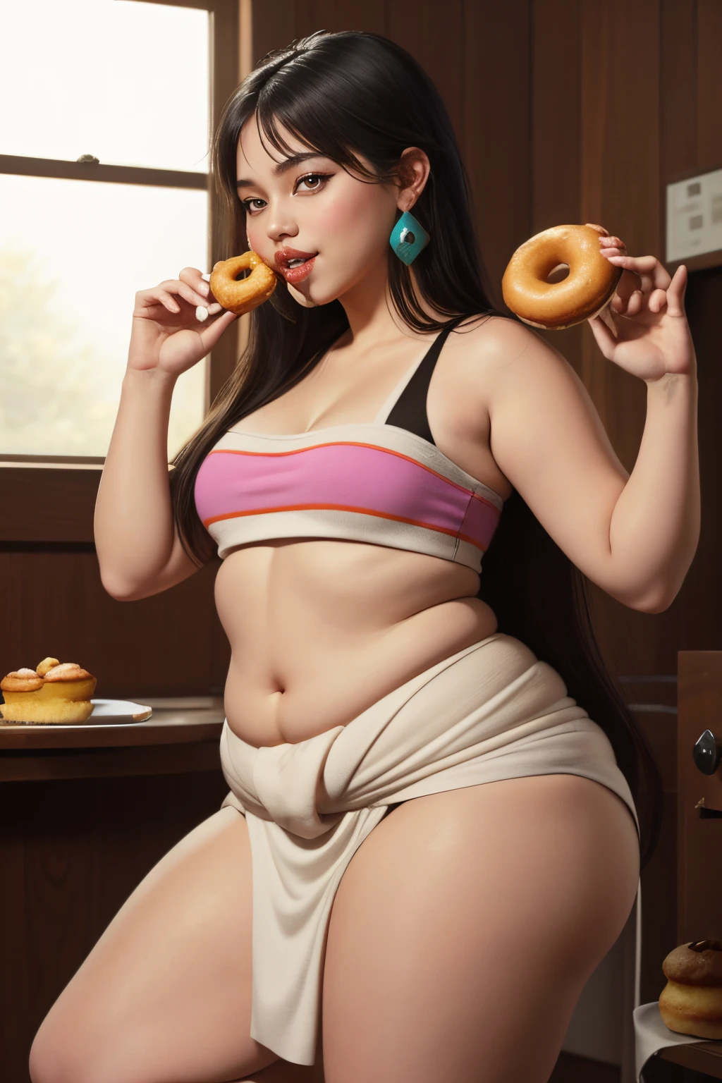 masterpiece, (photorealistic), (8k wallpaper) , (best quality), perfect quality, solo, (detailed eyes:0.9), girl, Chel, eating donut, shoving donut into mouth, overeating, latin, face : ( very beautiful face, cute face, pleasure, small smile, thin face, opened mouth, perfect face ), figure: (very full figure, sexy, sexy pose, very thicc, curvy, very chubby, chubby belly, navel, love handles, muffin top, chubby belly), clothes : ( tight loincloth )