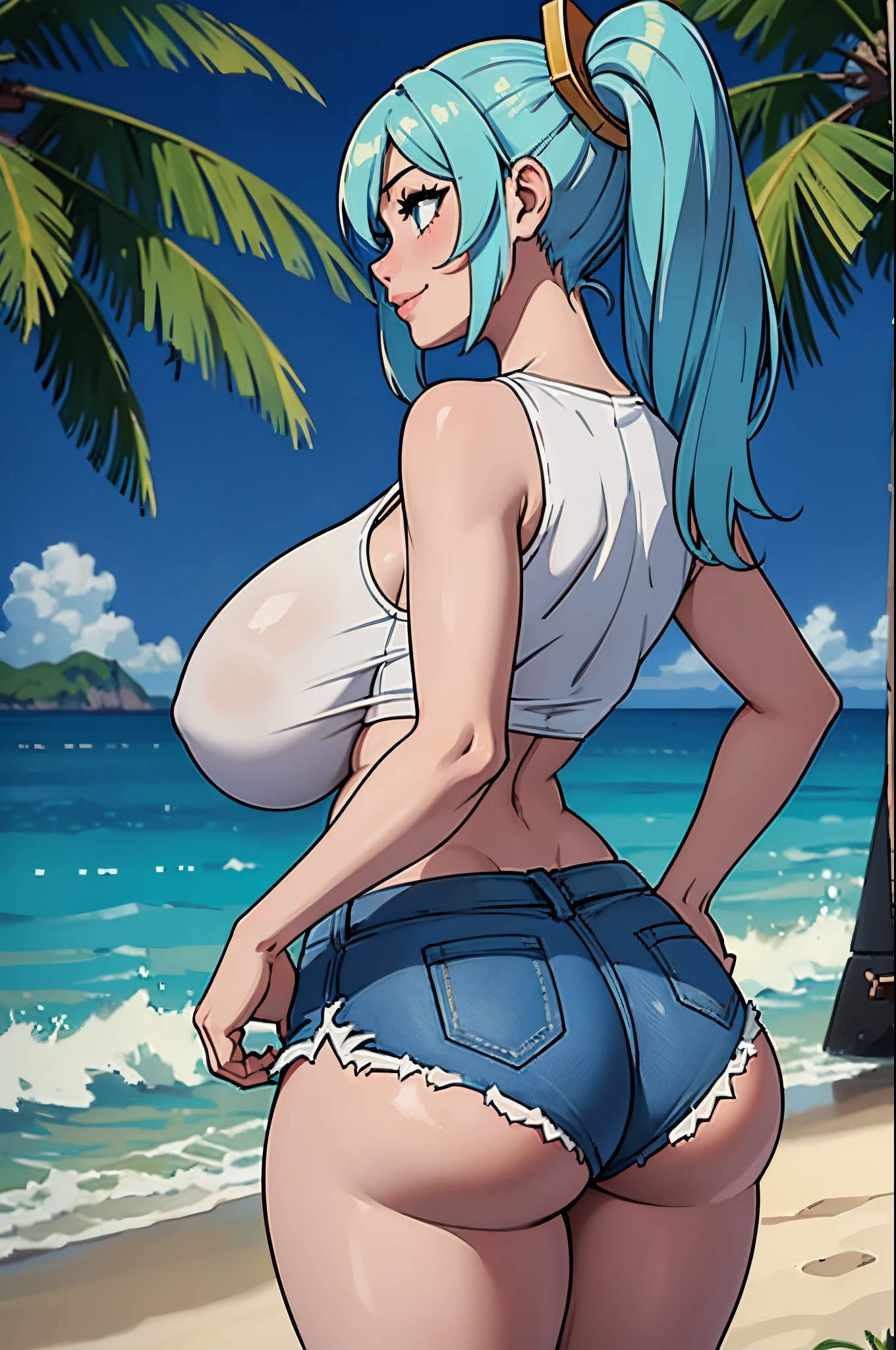 (masterpiece, official art), 1girls, solo, shortstackBT, shortstack, thick, curvy, curvaceous, plump, goddess, light blue hair, long hair, sona buvelle, twintails, hair ornament, (crop top, denim shorts), (closeup), portrait, (gigantic breasts, gigantic ass, back), standing, at beach, lifeguard, looking away, (upper body, view from behind, from back), smile, seductive, alluring attire