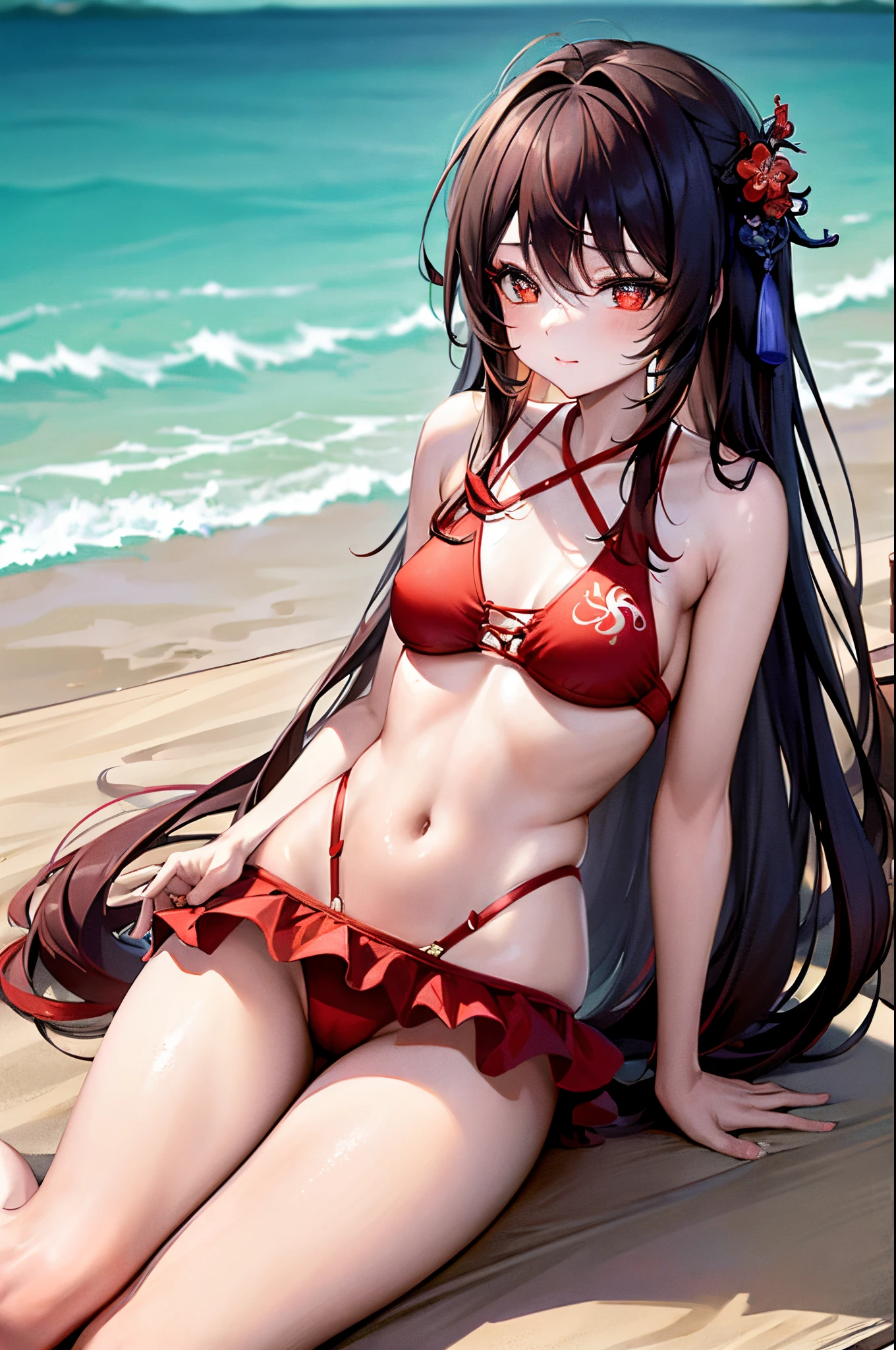 ((Masterpiece,Best Quality)),1girl,独奏, (((hu tao))), Long hair, brown-hair, red swimsuit with patterns, Detail Eyes, looking a viewer, Beach, The sea