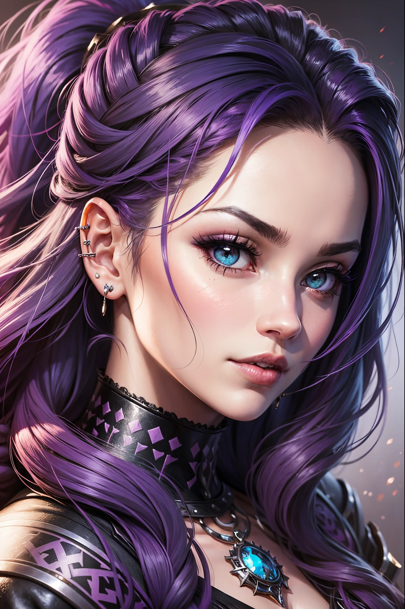 a close up of a woman with long hair and piercings, portrait of jinx from arcane, detailed character portrait, character art closeup, loba andrade from apex legends, darksynth character portrait, character portrait closeup, unknown artstyle, portrait of valorant chracter FADE, closeup character portrait, character close up, close up character, stylized portrait, painted character portrait, make it realistic --auto --s2