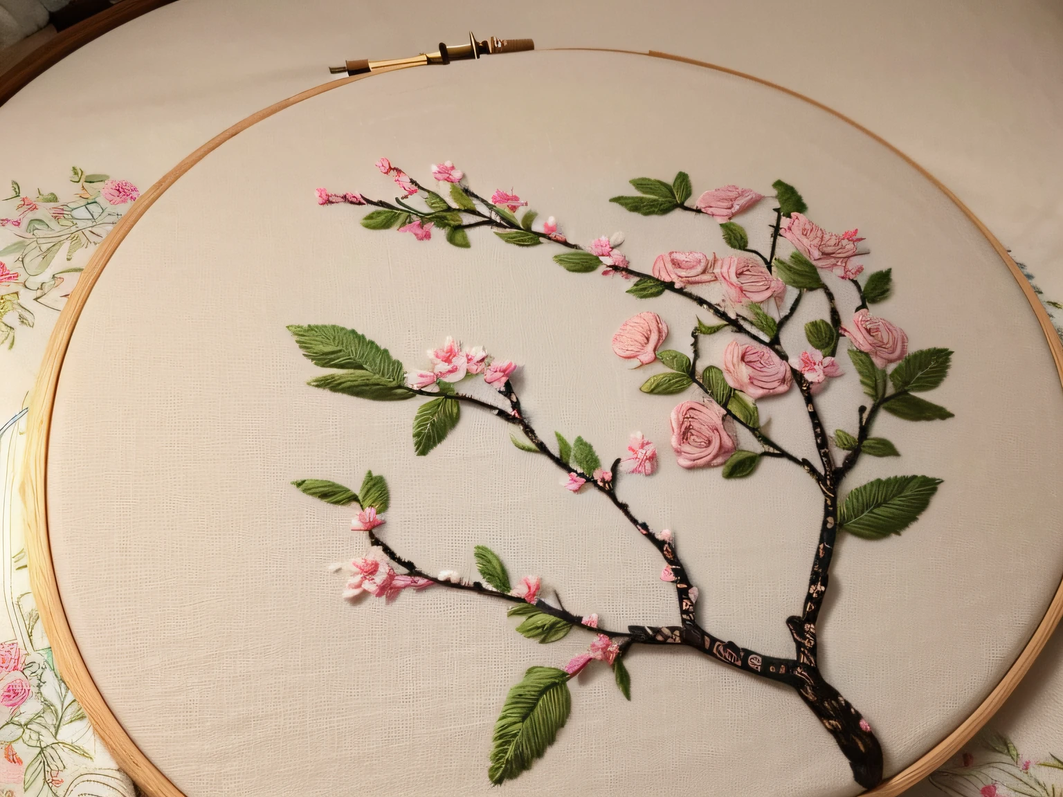 embroidery, intricate embroidery, floral embroidery, The pattern is a bird perched on a flower branch，Lovely detailed artwork, silkouette，fabrics，adddetail, The content is very detailed, The content is very detailed, tmasterpiece，ultraclear，