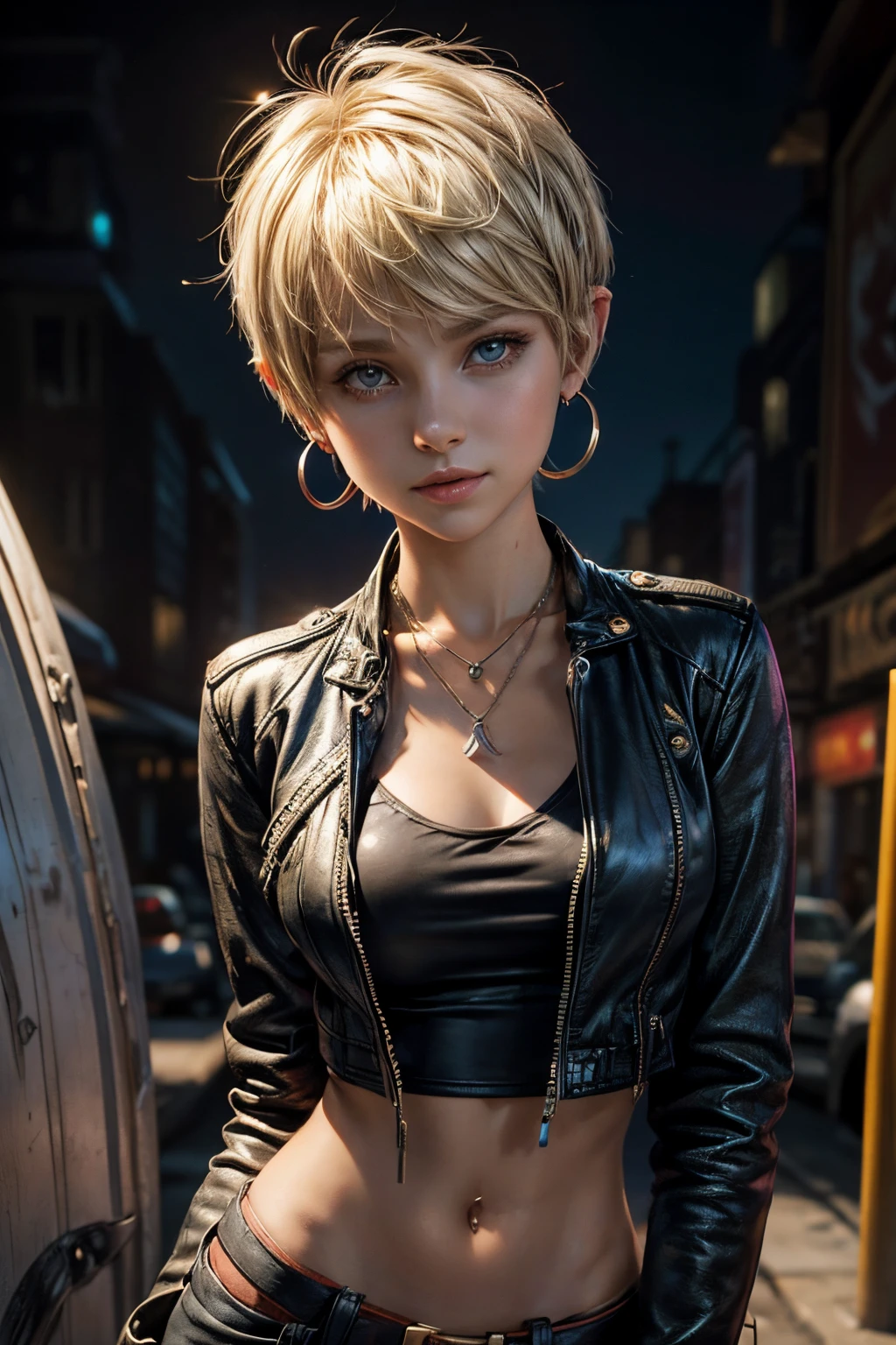 An extremely tiny, thin, petitie, extremely young-looking, teenage female, with extremely fair skin, upper body shot, extremely huge breasts, (((pixie-cut blonde hair))), smile, light eyes, eyeliner, large hoop earrings, open leather jacket, necklace with ruby pendant, graffitti background