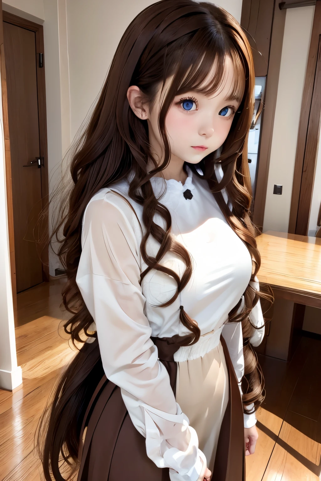 Dark brown curly white girl, Twin-tailed、