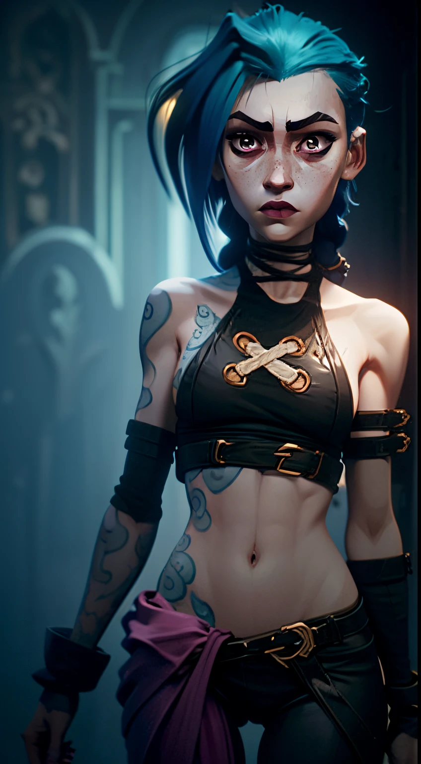 portraite of a, A  girl, in full height (Body Full 1.1), Fantasy City, Standing in a fighting posture, holds his fists, palms clenched into fists, close up face, facial focus, enthusiasm, closeup face, glow in the dark paint, Dark tones, Dark blue background, Arcane style, Arcane's Jinx (character design 1.1.), very long blue braids, two very long tails of hair, Very detailed. Anime style, The secret of animation, gloomy composition, The Gloomy Room, luminescent paint on the walls, drawings on the walls, glowing pink eyes (highly detailed glowing pink eyes, pink pupils 1.1), Pink pupils, very detailed eyes, Beautiful figure, a 1girl, Beautiful figure (Proper Anatopy 1.1.), Slender figure, shapely legs, Blue hair, hairlong, Skinny black leather pants, Very detailed face, Very beautiful face, Very sexy ass, in full height (Body Full 1.1), small elastic breasts, Little ass, Beautiful slim figure, small buttocks, black tight suit, tmasterpiece，beste-Qualit，higly detailed，Visible to the feet， 8K resolution