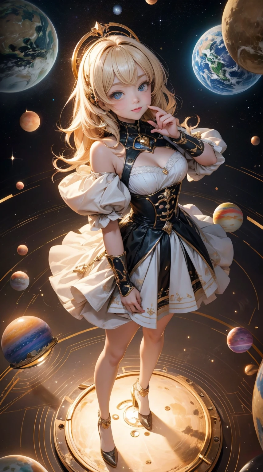 Masterpiece designs by the world's top AI artists, top-quality, 8K, High image quality, 、From diagonally above、Push up the heart-shaped diamond held in one hand、(Paint splashes),Colorful ,Glow Color,lamplight,beautiful a girl,(full body Esbian),Look at the camera、Glass-like outfits,Sleeves glow,detailed big round eyes,cute little,Light in the eyes、embrace the earth with both hands、the universe expands infinitely,I don'I don'I don'I don'I don'I don'I don't even have time to breathe、A treasure trove of possibilities、Interdimensional space、detail precision cyber city、glitter spark、The background is planets and stars