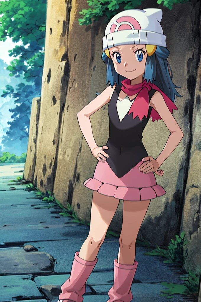 masutepiece, Best Quality, 1girl in, zori \(A pokémon\), Beanie, Long hair, Blue hair, Blue eyes, Black sleeveless shirt, Pink scarf, Pink skirt, Pink boots, Hands on hips, Smile, Looking at Viewer, Forest background