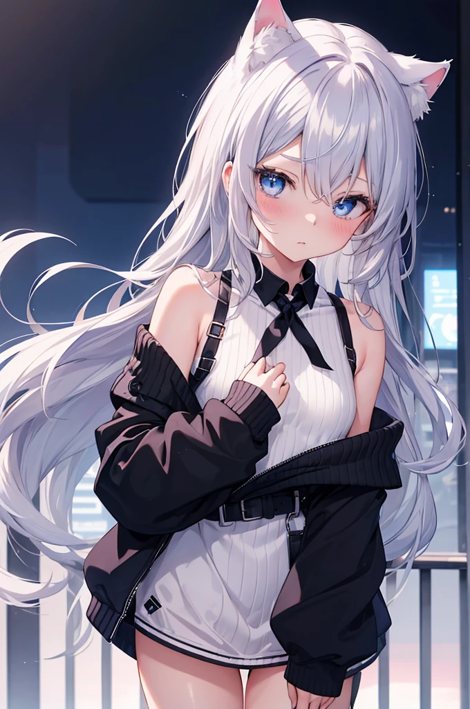best quality, ultra precision, 1girl,  cute, little girl, young, boyish, childish, small breasts, silver hair, cat ears, blue eyes, beautiful eyes,  girl, ecstasy, sailor collar, estrus, metestrus, start to undress, naughty mood, she loves you, lost virgin, virgin, blush, beautiful skin, big bow on chest I'm not wearing panties BLUE SWEATER, BLACK SHIRT, SHIRT UNDER SWEATER, OFF SHOULDER TOP) Tsundere