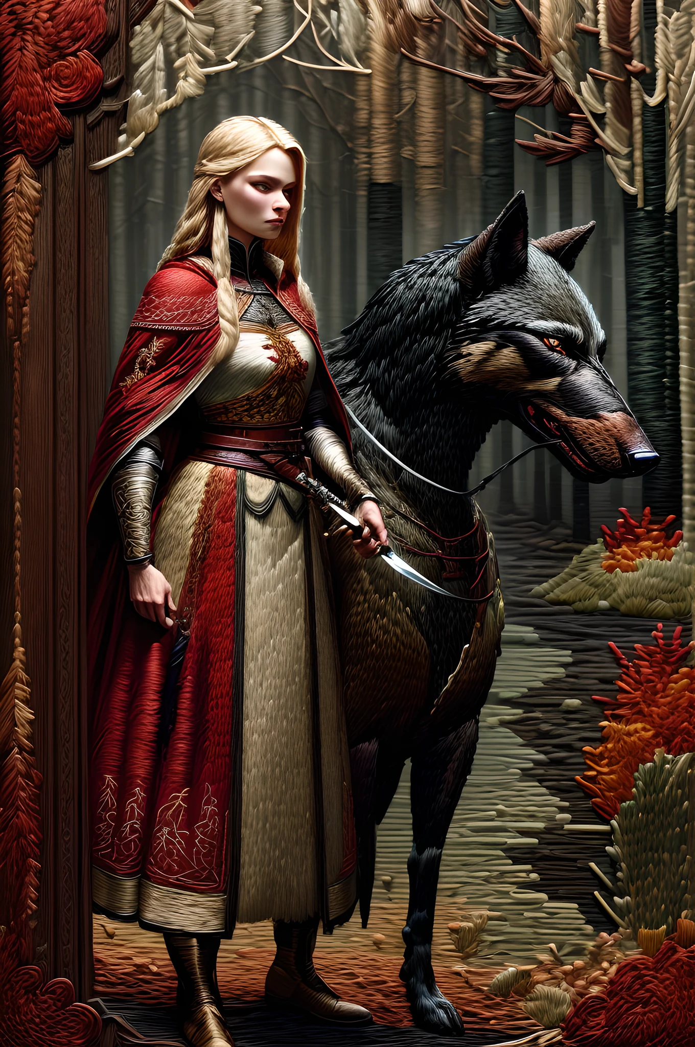 (embroidery artwork: 1.5), punch needle embroidery, masterwork art, ultra wide shot, RAW, a picture of female human ranger and her wolf pet, the ranger, an exquisite beautiful human woman, long blond hair, braided hair, green eyes, wearing leather armor, wearing (red cloak: 1.1), armed with a (sword: 1.3), wearing laced boots, standing in a dark forest at night, (mist rising from the grounds: 1.3), a sense of dread and fear, yet she stands defiant and fearless, her wolf pet stands near her, protecting her, dark fantasy forest background, best quality, 16k, [ultra detailed], masterpiece, best quality, (ultra detailed), full body, ultra wide shot,