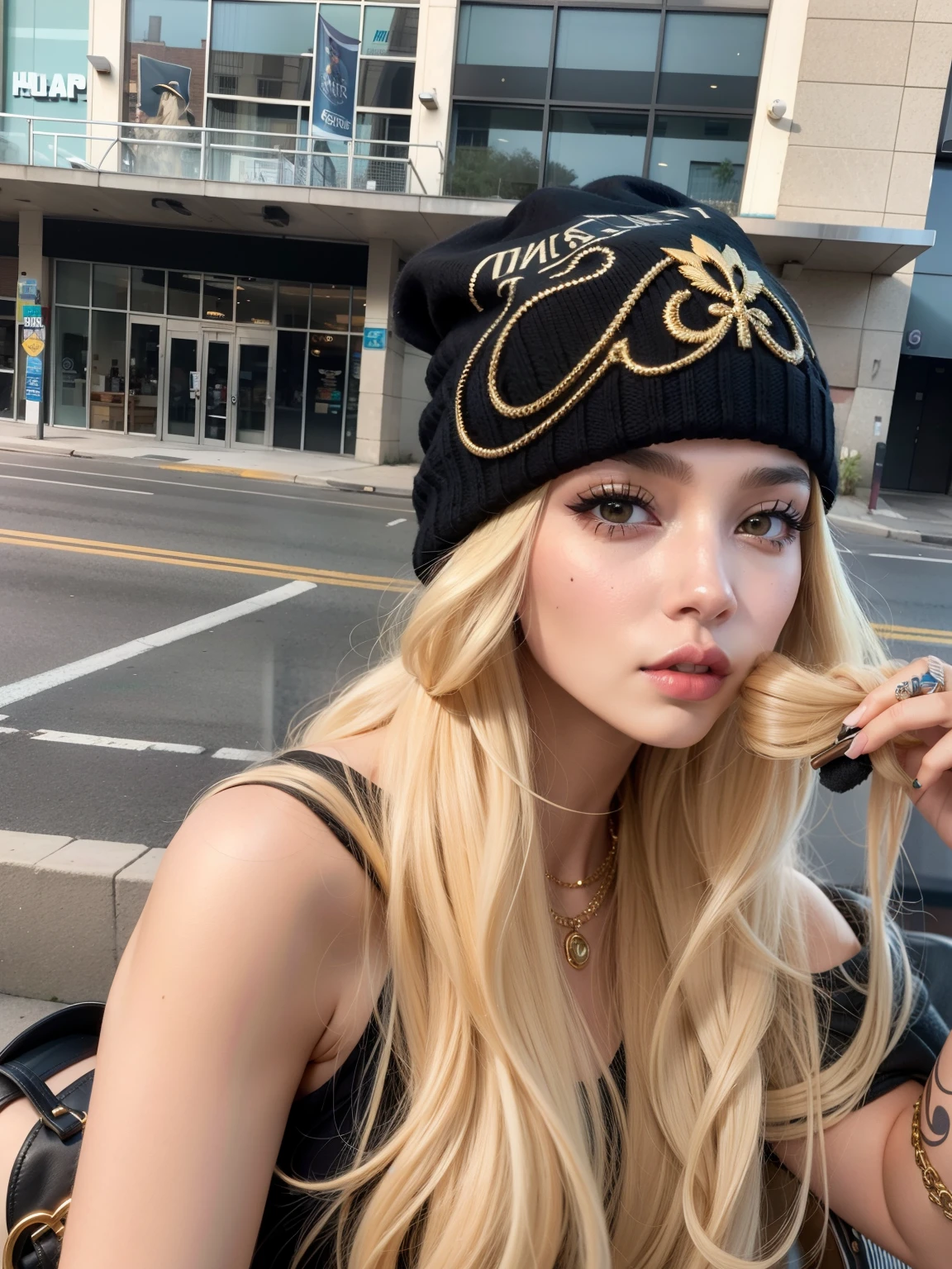 Mujer rubia con el pelo largo con un sombrero negro y fumando un cigarrillo., Ava Max, con gorro negro en la cabeza, Cl, Retrato de Vanessa Morgan, gorro negro, con sombrero, Retrato de la chica cervecera de Madison, Cabello largo y rubio y ojos grandes, Cerveza Madison, Usando gorro, Beanie tiene, Sombrero de punto, 8 8 8 8, Vanessa Morgan, Mujer linda