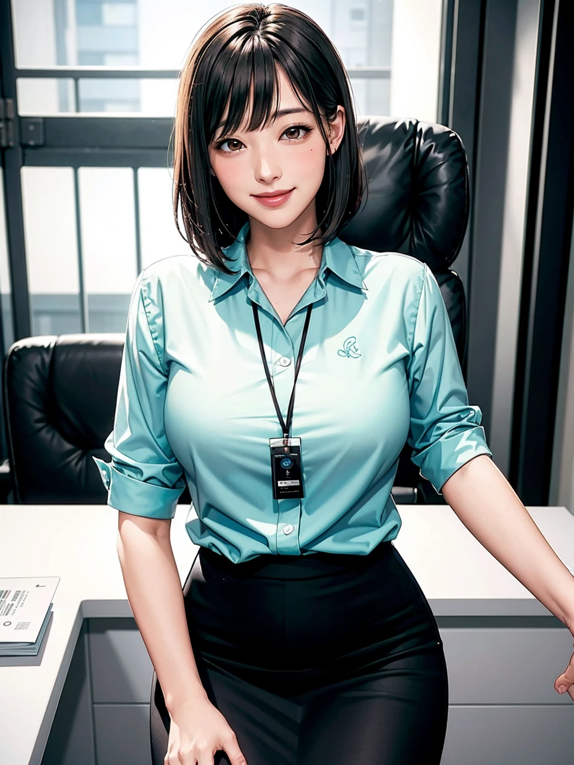 (modern office indoors), 1lady ((solo)), (brown eyes), (black medium hair), bangs, (office casual pencil skirt green), (white shirt), (id card), blush kind smile, (masterpiece best quality:1.2), delicate illustrations, high resolution, ultra-detailed, large breasts, (black pantyhorse)