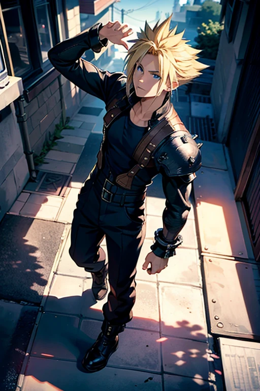 (best quality), (masterpiece), (realistic,) (photo-realistic), ultra-detaied
1boy,male focus,(looking up:1.4),cloud Strife, cool pose, cool background, stylish outfith, rose on the chest, full body view, walking on street, morning,