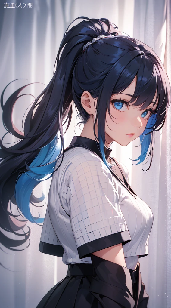 top-quality、Top image quality、masterpiece、girl with((cute little、18year old、Best Bust、Medium bust、Bust 85,Beautiful wide open blue eyerest,Ponytail with black hair、A slender、Blue hair mesh、Beautiful black pitchley t-shirt、Beautiful black short skirt,))hiquality、Beautiful Art、Background with((Large White Room、White curtains、white light naste piece、Elaborate design、visualart、depth of fields、The best lighting、highestdetailed、8k