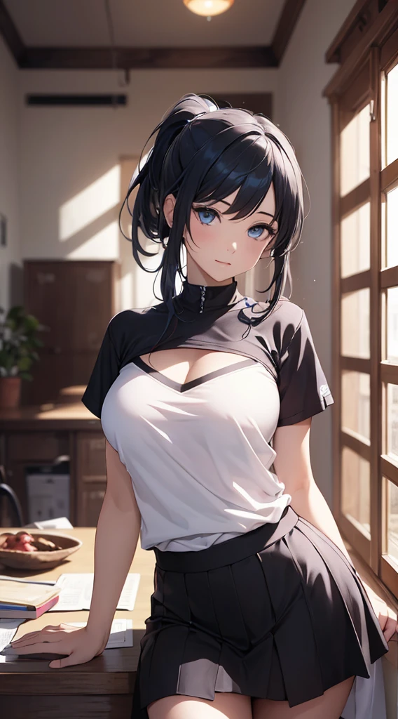 top-quality、Top image quality、​masterpiece、girl with((cute little、18year old、Best Bust、Medium bust、Bust 85,Beautiful wide open blue eyerest,Ponytail with black hair、A slender、Blue hair mesh、Beautiful black pitchley t-shirt、Beautiful black short skirt,)）hiquality、Beautiful Art、Background with((Large White Room、White curtains、white light naste piece、Elaborate design、visualart、depth of fields、The best lighting、highestdetailed、8ｋ