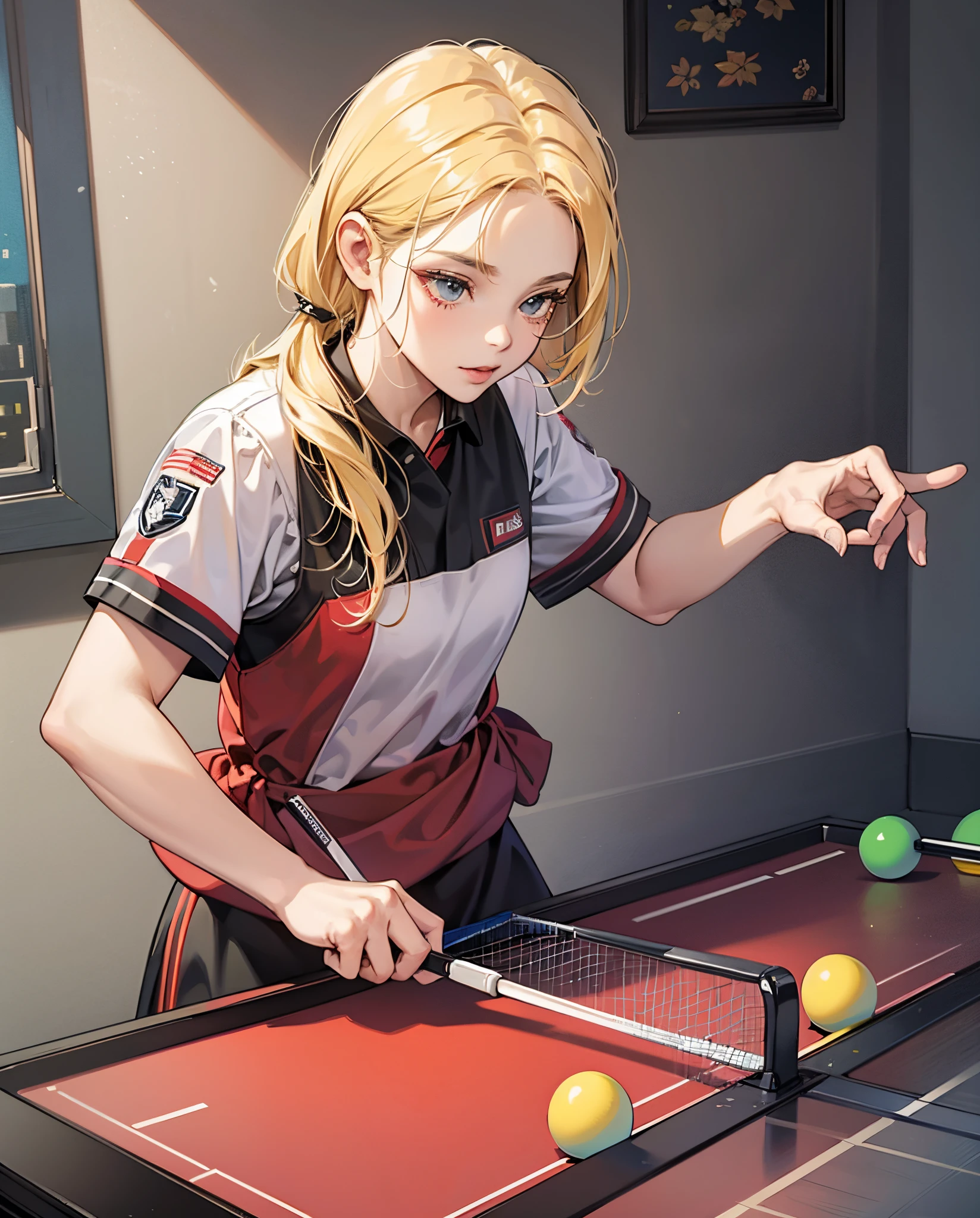 A gentle girl with yellow hair playing table tennis. --auto --s2