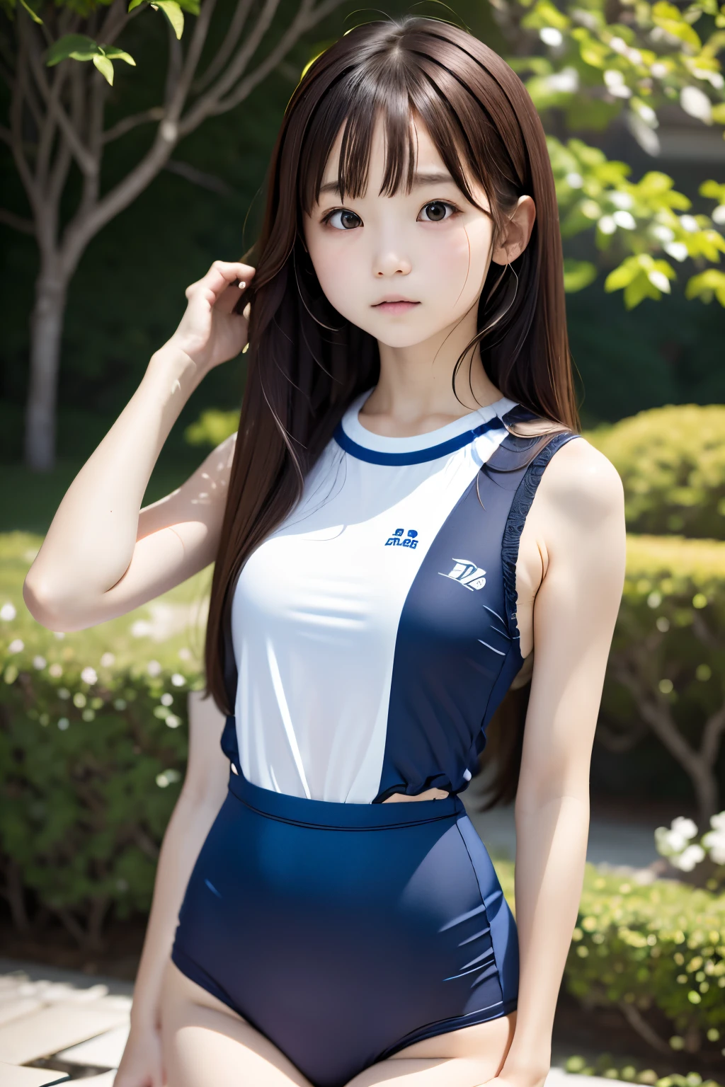 (hightquality、masterpiece、ultra res、Taking long shots)、8K、japanese beauty girl(Clear eyes:1.3)、Very Beautiful 1a person、Girl with a cute smile、 16-year-oldel,(Super cute face in idol style:1.2)、Pattsun bangs、A dark-haired、semi long hair、Middle hair、Straight hair、private beach、genitals are smooth、gere very realistic、Band slender body、Full shot from head to toe、The shooting location is poolside、((Junior high school girls swimwear Navy blue school swimsuit)),