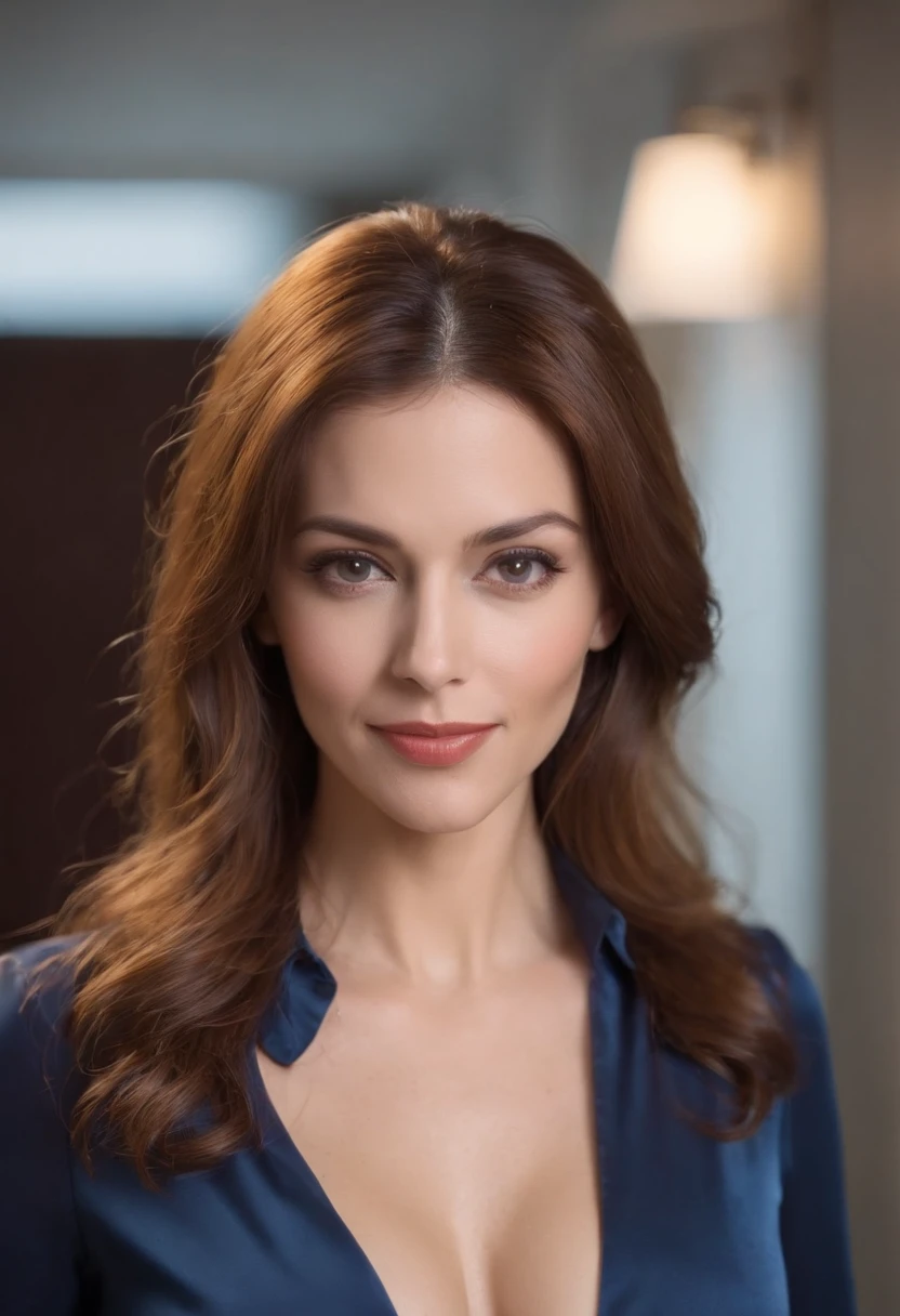 1Fille 45 ans, Cheveux tres longs, chestnut red and golden brown hair, very skinny Amy Pietz lookalike, seins de taille mi-grandes, Regarder camera, dark brown eyes, Joaillerie, corps entier, entier, Collier, Schulterfrei, chandail, minora, ultra-Realistic, nez, Rue de nuit, very sexy pouting open mouth smile, 1/2 length photo from the waist up, shiny dark blue satin blouse with plunging neckline, lots of visible cleavage, braless, long nipples visible and popping through the satin blouse, f/5.6, empty office space converted to photo studio is out of focus in the distant background with dramatic 2 light down spot light effect of light and shadow on the walls and floor, old office sashed windows visible and out of focus in the background,