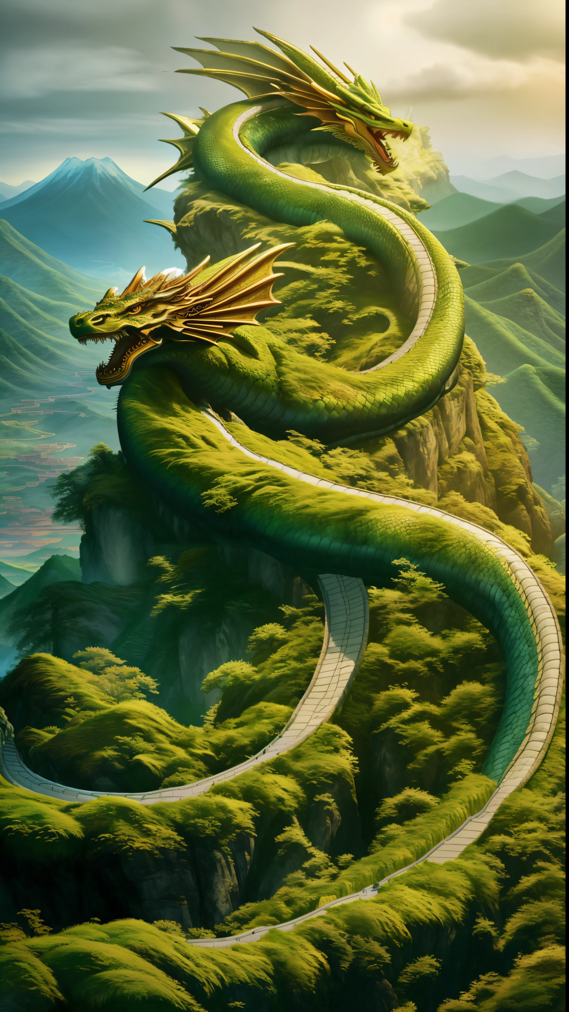 Close-up of a dragon on a mountain with a road, smooth chinese dragon, chinese dragon concept art, Green Dragon, chinesedragon, majestic japanese dragon, great mystical winged serpent, massive green dragon!!!, chinese fantasy, Dragon Art, china silk 3d dragon, Dragon as background, large green dragon, cyan chinese dragon fantasy, dragon snake with wings