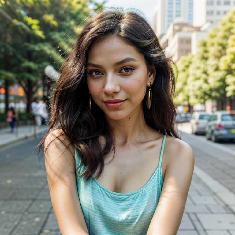 Beautiful woman, (eyes 1.2), (small nose), (lips 1.4), jet black hair, long hair, slim waist, tanned skin, blue eyeest quality, 4k, 8k, high resolution, masterpiece: 1.2), ultra-detailed,photorealistic:1.37,portrait,summer,walking in the city,casual clothing,gentle smile,vibrant colors,sunny day,soft lighting,cityscape background,sidewalk,eternal beauty,natural beauty,elegant posture,fresh breeze , charm, light makeup, sophisticated elegance, carefree aura, small intricate earrings detailed in the earlobe.