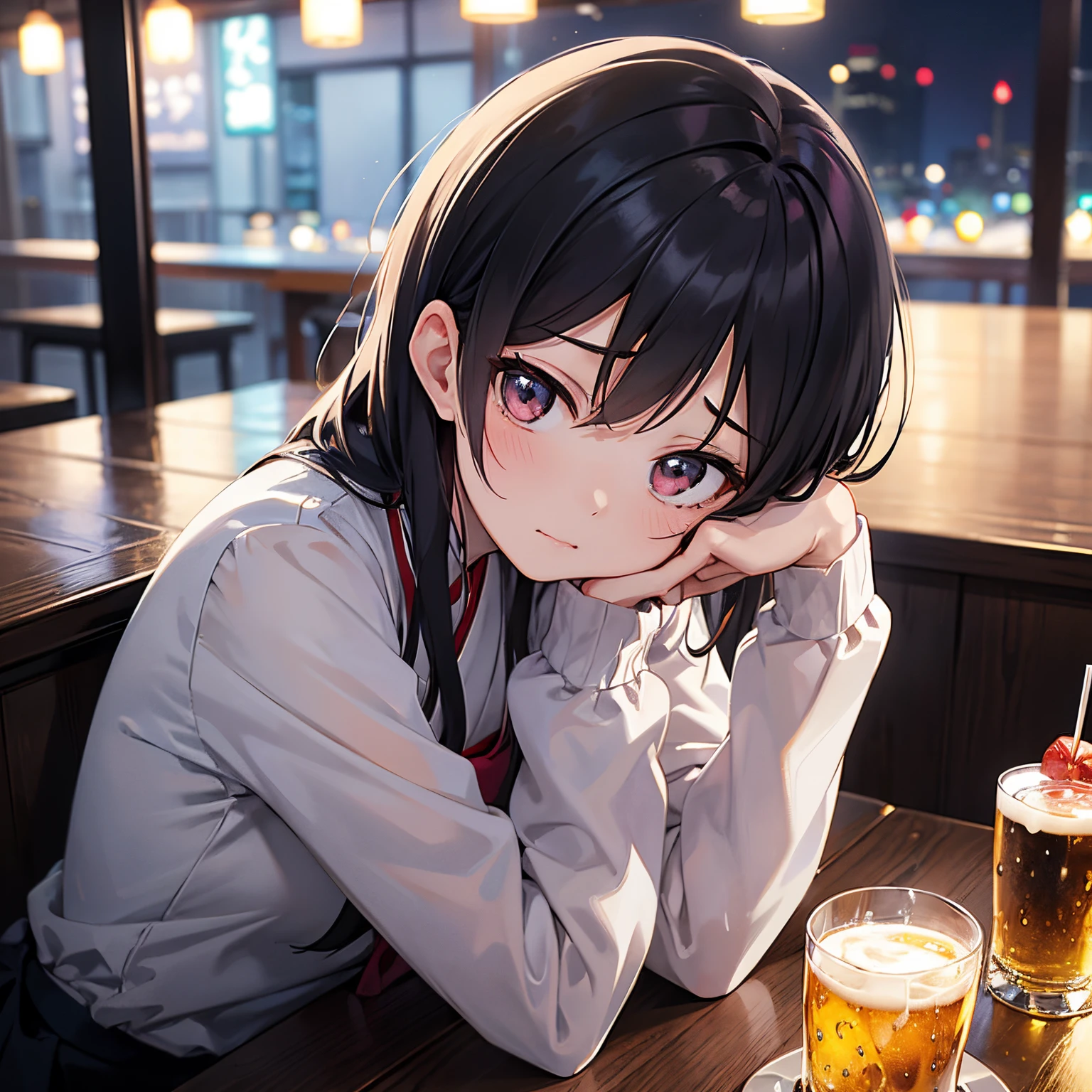 color anime illustration of a middle-haired woman in her twenties sitting at an izakaya table with a glass of beer in her hand. She looks unhappy and tired, as if she wants to stop drinking but can't. Around her, there are other customers who are laughing and having fun, but she feels lonely and isolated. The background is dark and blurry, creating a contrast with the bright lights of the table. The mood is sad and hopeless. The viewpoint is from the front, slightly above her eye level.
