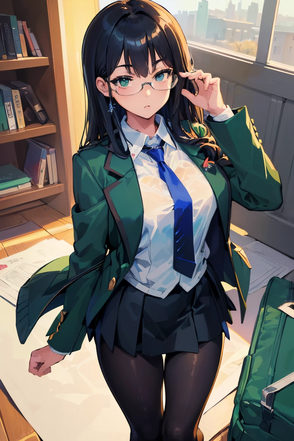 (best quality:1.3), (masterpiece:1.3), (illustration:1.3), (ultra-detailed:1.3), ((Best quality)), rin, ((school uniform, green jacket, necktie, black skirt,)) pantyhose, earrings, glasses, black hair, long hair, mature female,